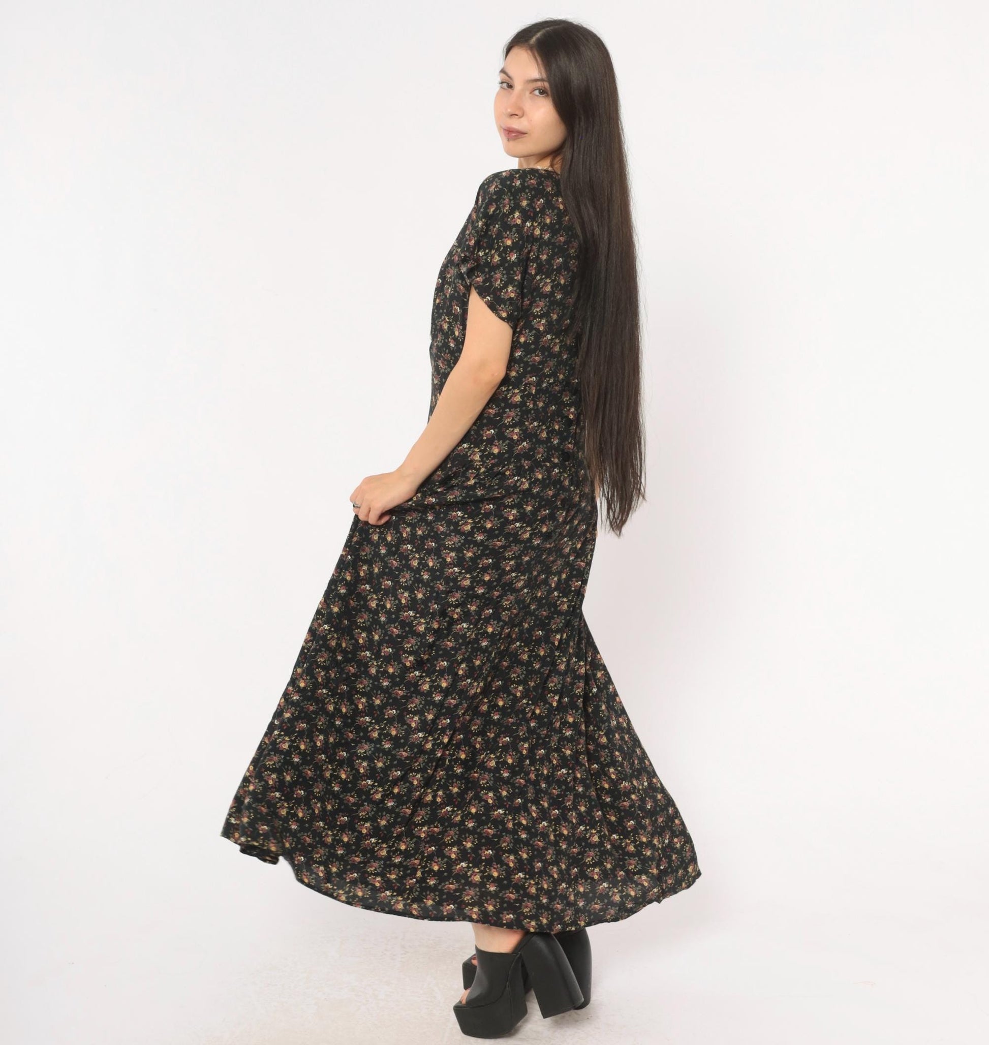 90s Ariana Black Floral Maxi Dress V-Neck Wrap Lace Trim Flutter Sleeve Large L