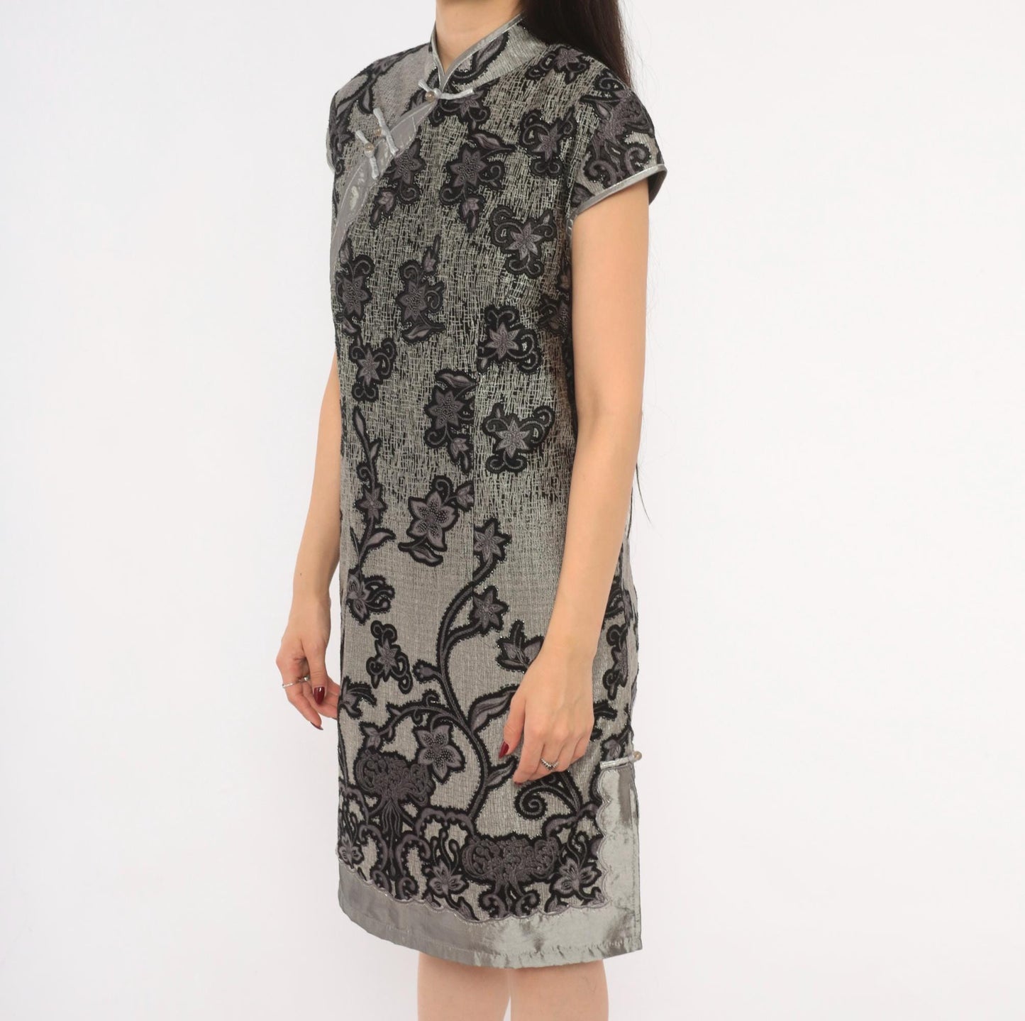 90s Grey Cheongsam Dress Black Floral Embroidered Qipao Mandarin Collar Medium M