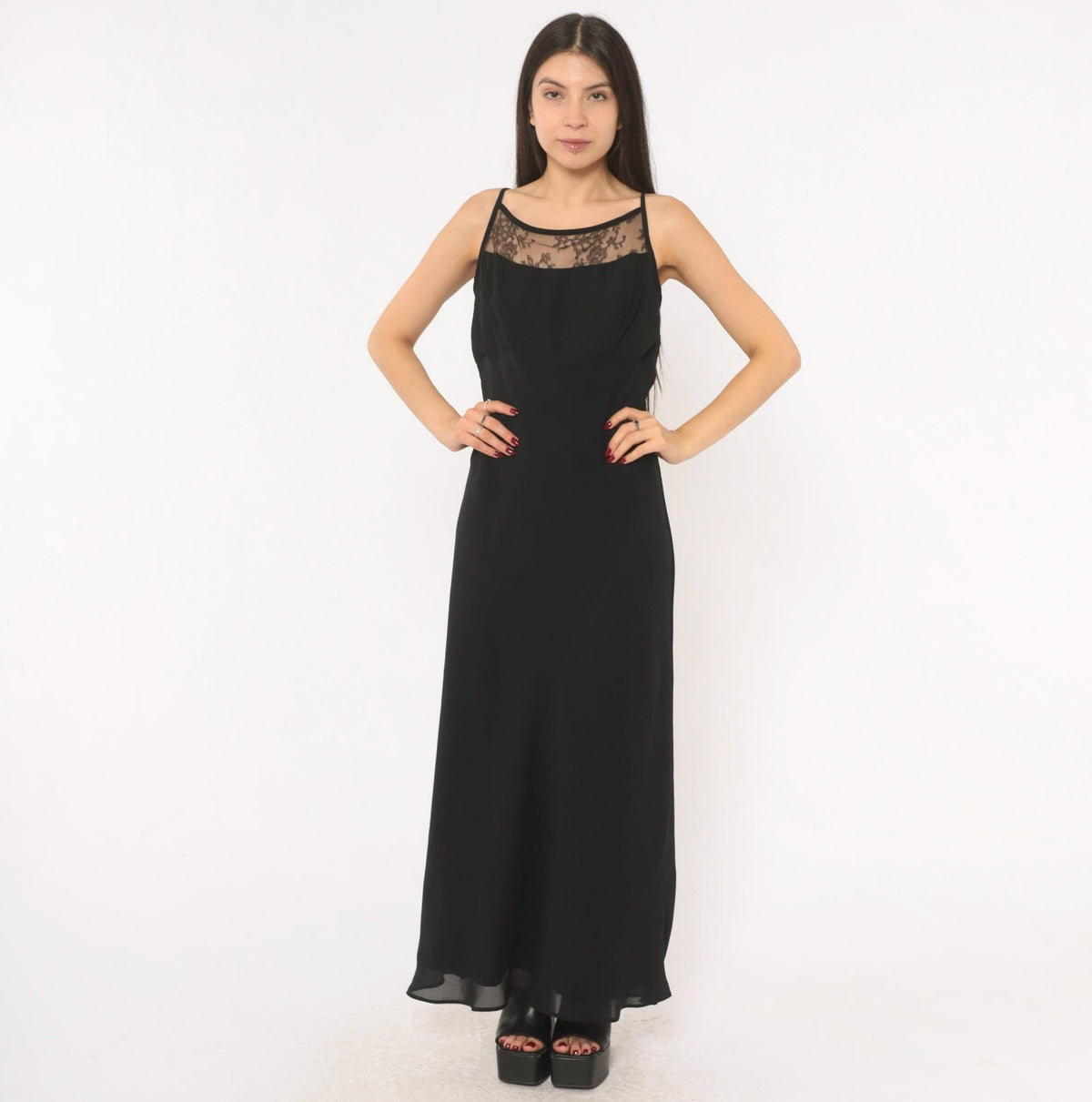 Gunne Sax Black Lace Maxi Slip Dress 90s Spaghetti Strap Low Back Large L