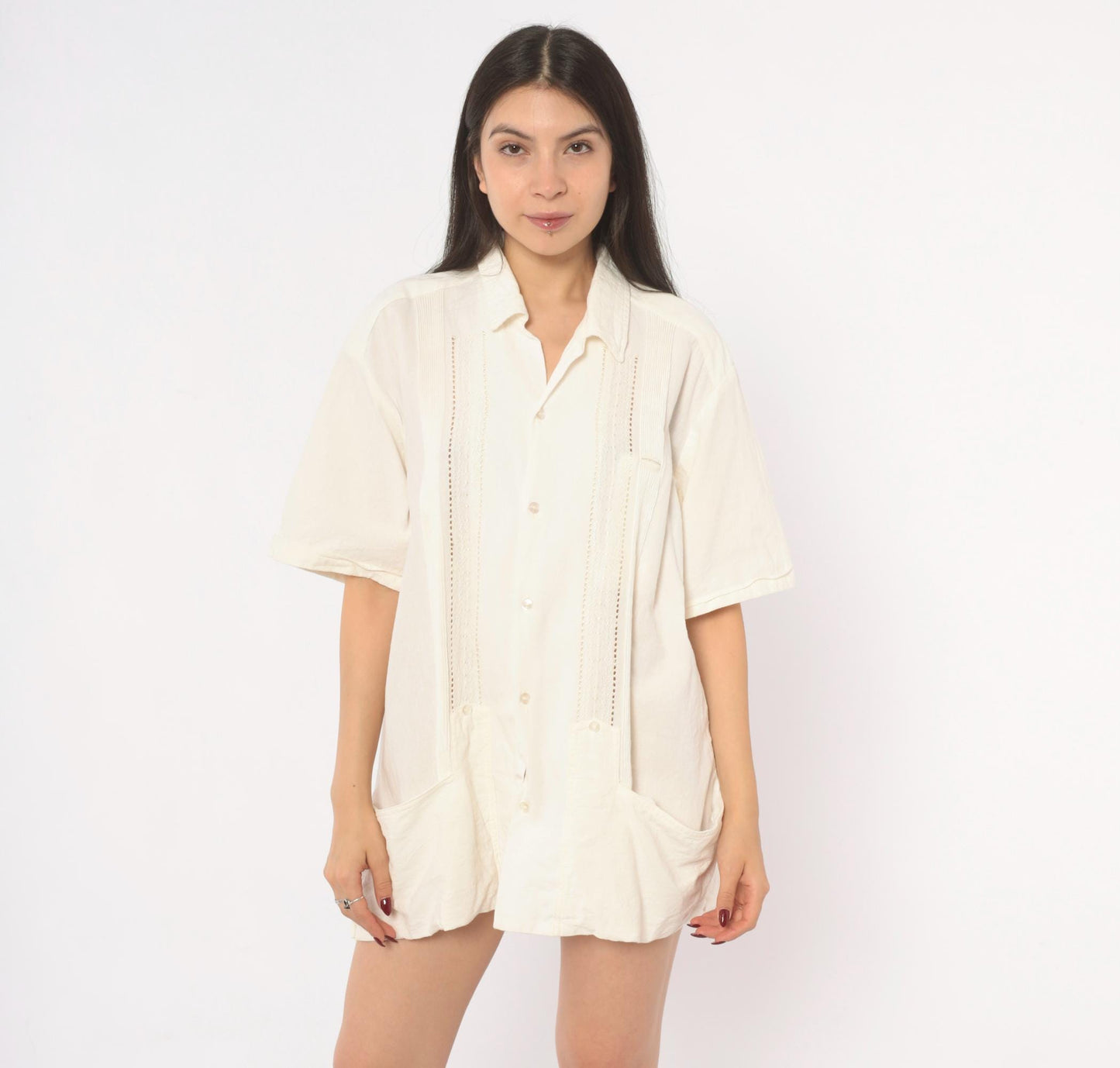 90s Cream Cotton Camp Shirt Pintuck Lace Panel Ivory Mens Large L