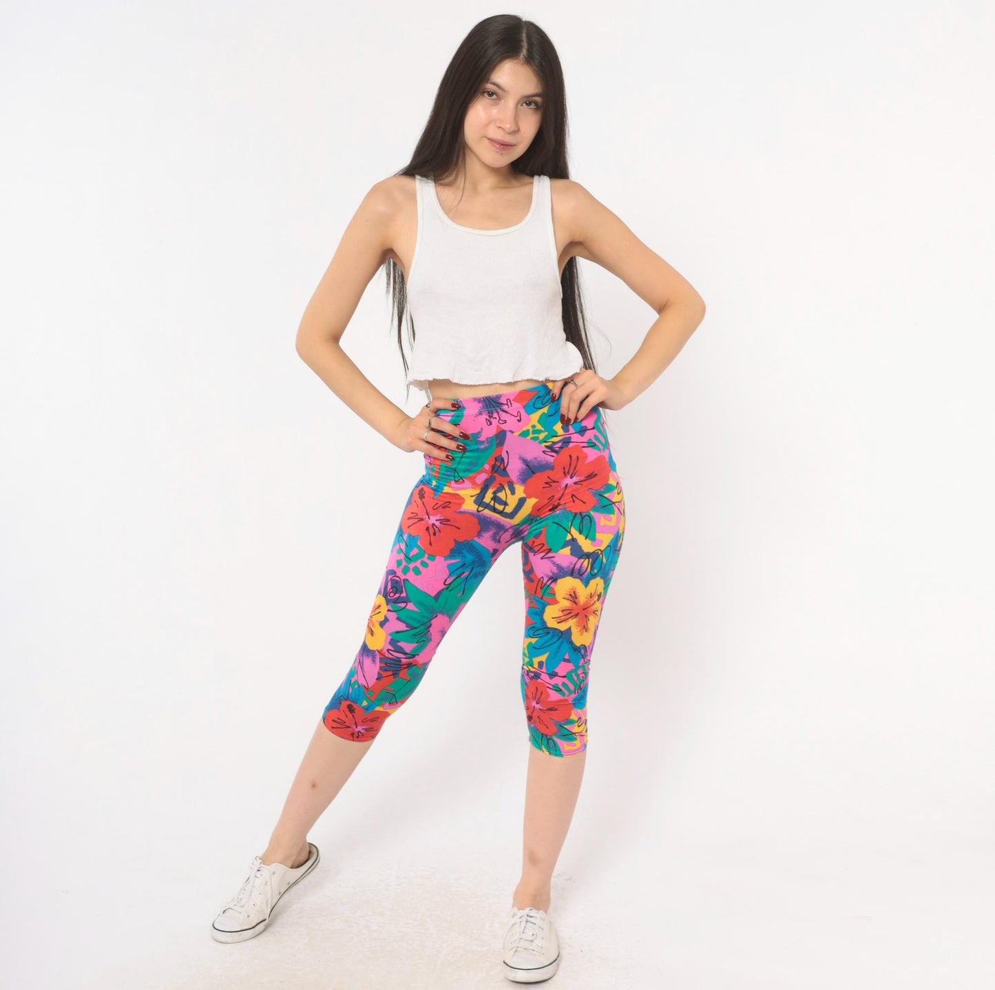 90s Stevi Tropical Floral Capri Leggings Pink Teal Hibiscus High Waist Extra Small XS