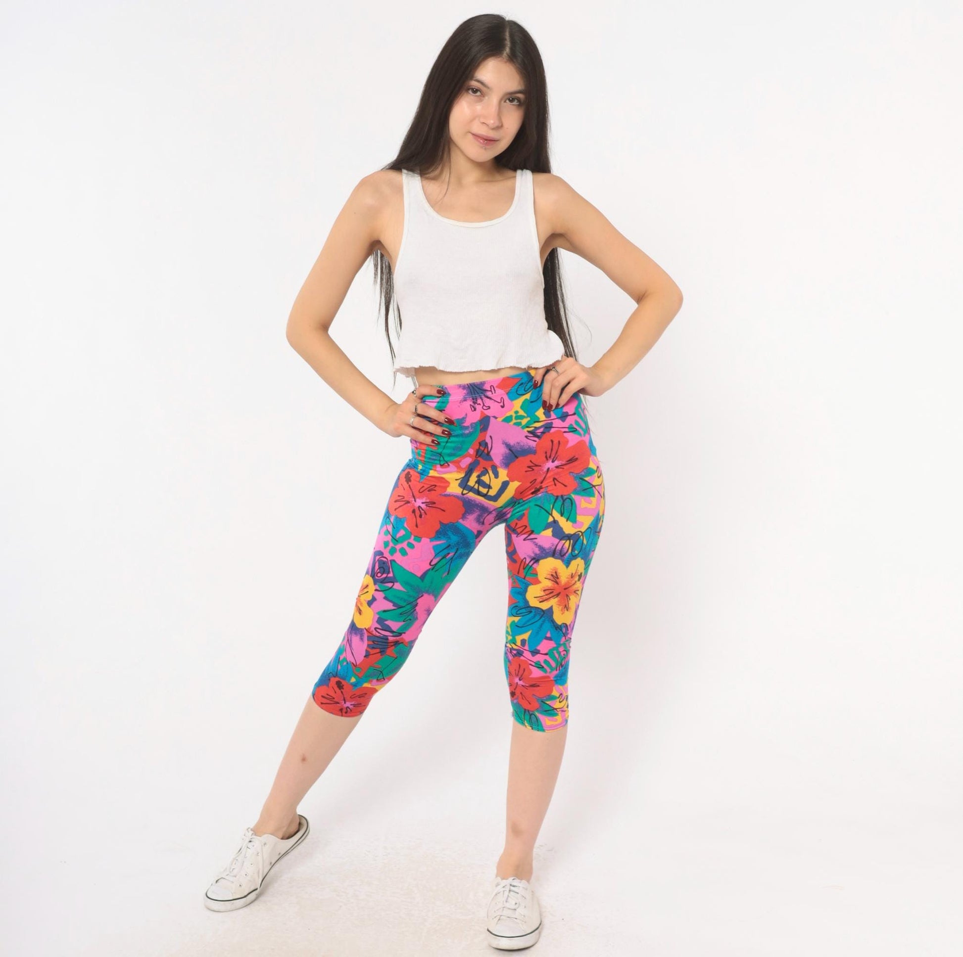 90s Stevi Tropical Floral Capri Leggings Pink Teal Hibiscus High Waist Extra Small XS