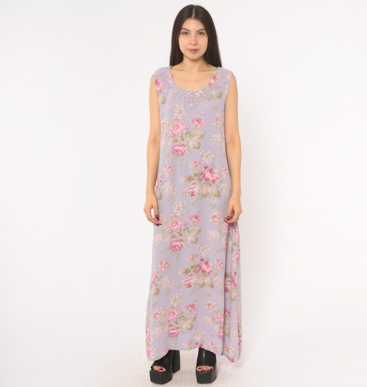 90s April Cornell Lavender Floral Maxi Dress Sequin Lace Scoop Neck Large