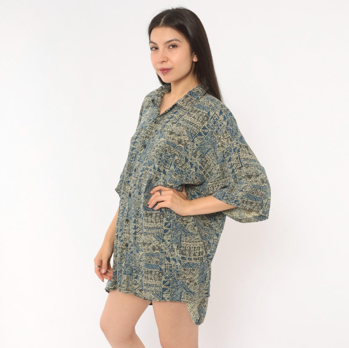 2000s Natural Issue Hawaiian Shirt Blue Cream Tribal Geometric Camp Shirt Extra Large XL