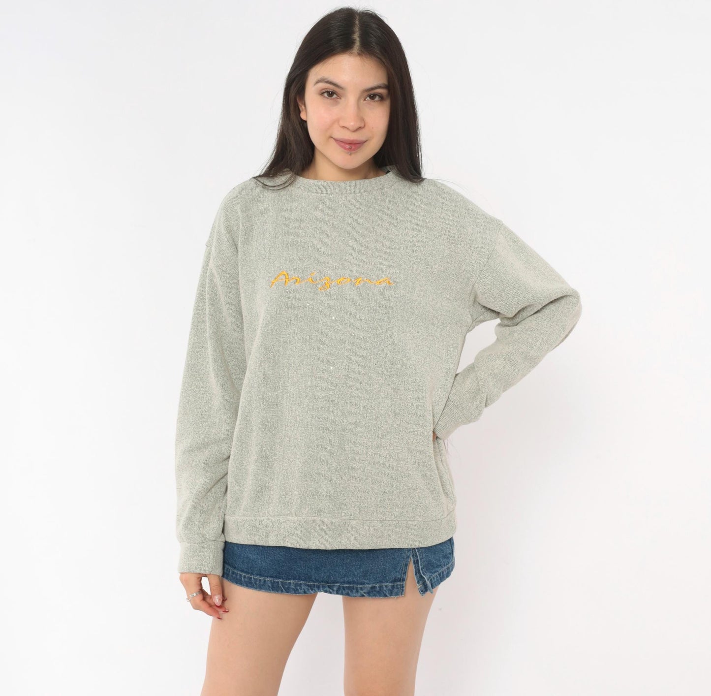 90s Arizona Embroidered Crewneck Sweater Tan Grey Speckled Niko's Large L