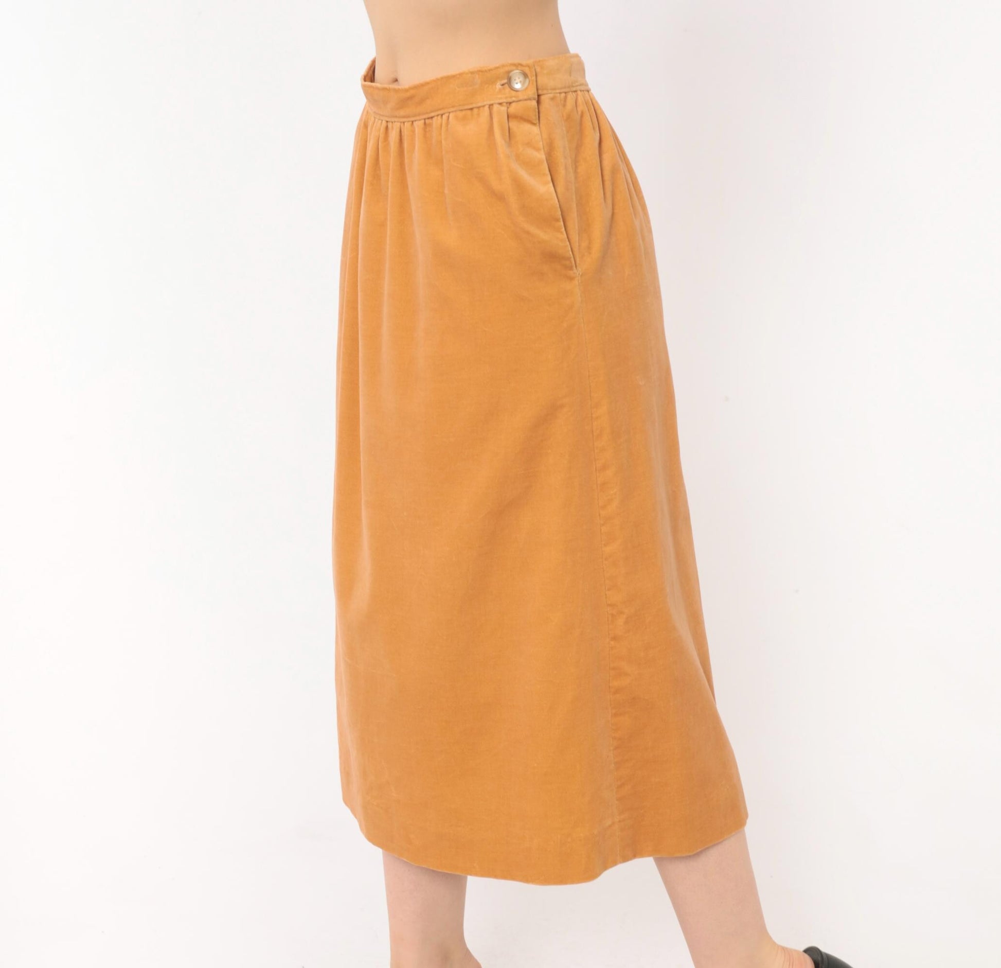 80s Evan Picone Velvet Midi Skirt Camel A-Line Button Pockets Medium M