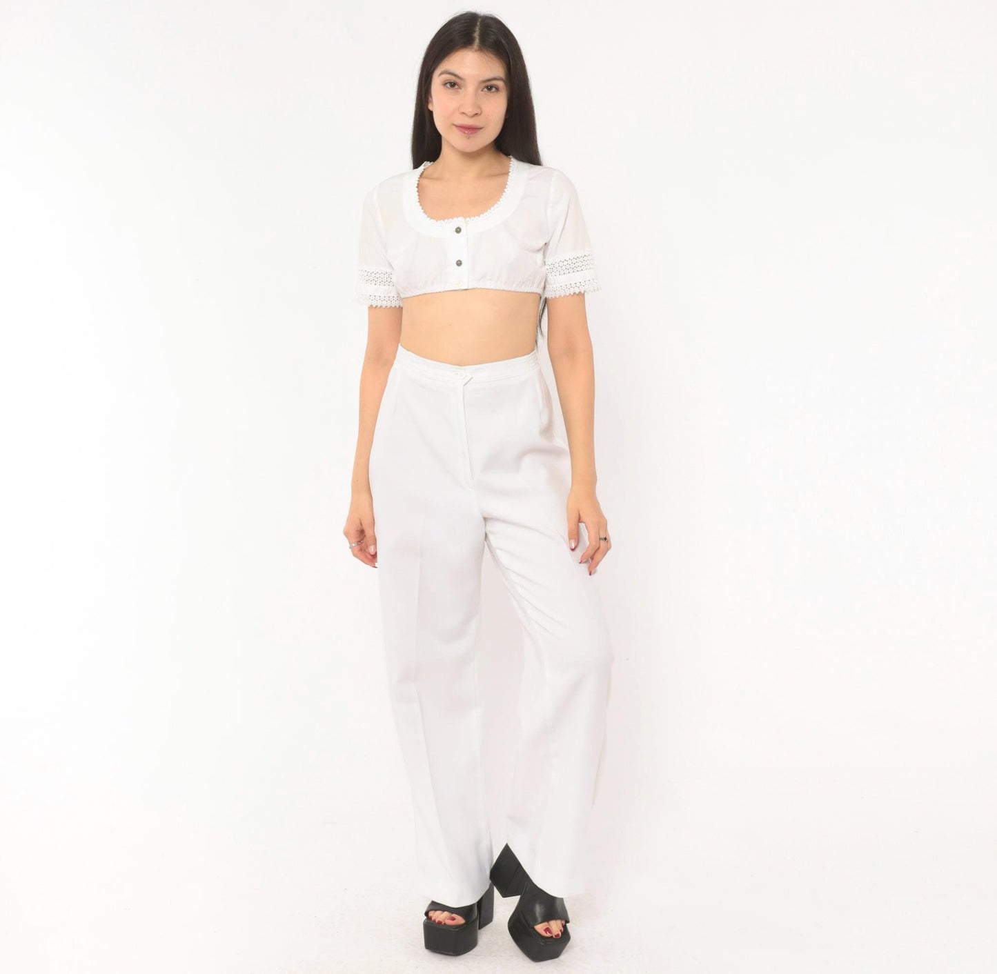 70s White High-Rise Wide-Leg Trousers Pleated Straight Pants Large L