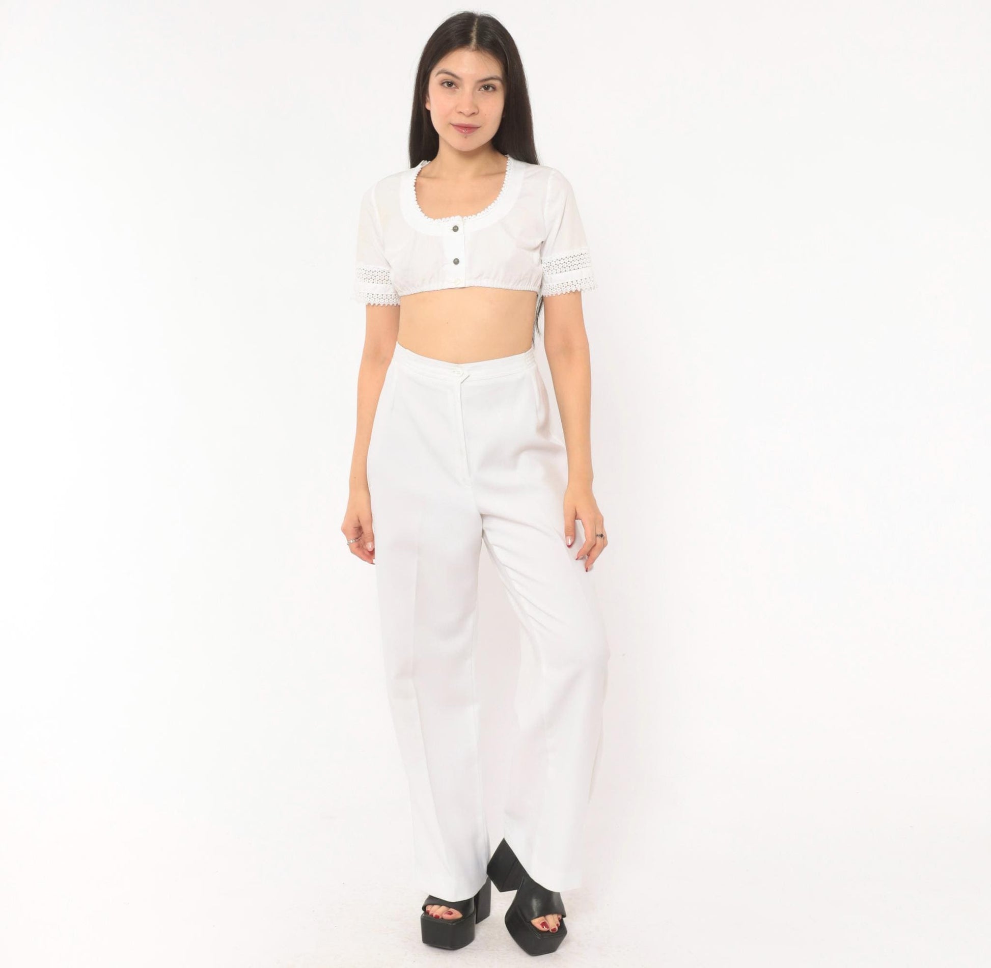 70s White High-Rise Wide-Leg Trousers Pleated Straight Pants Large L