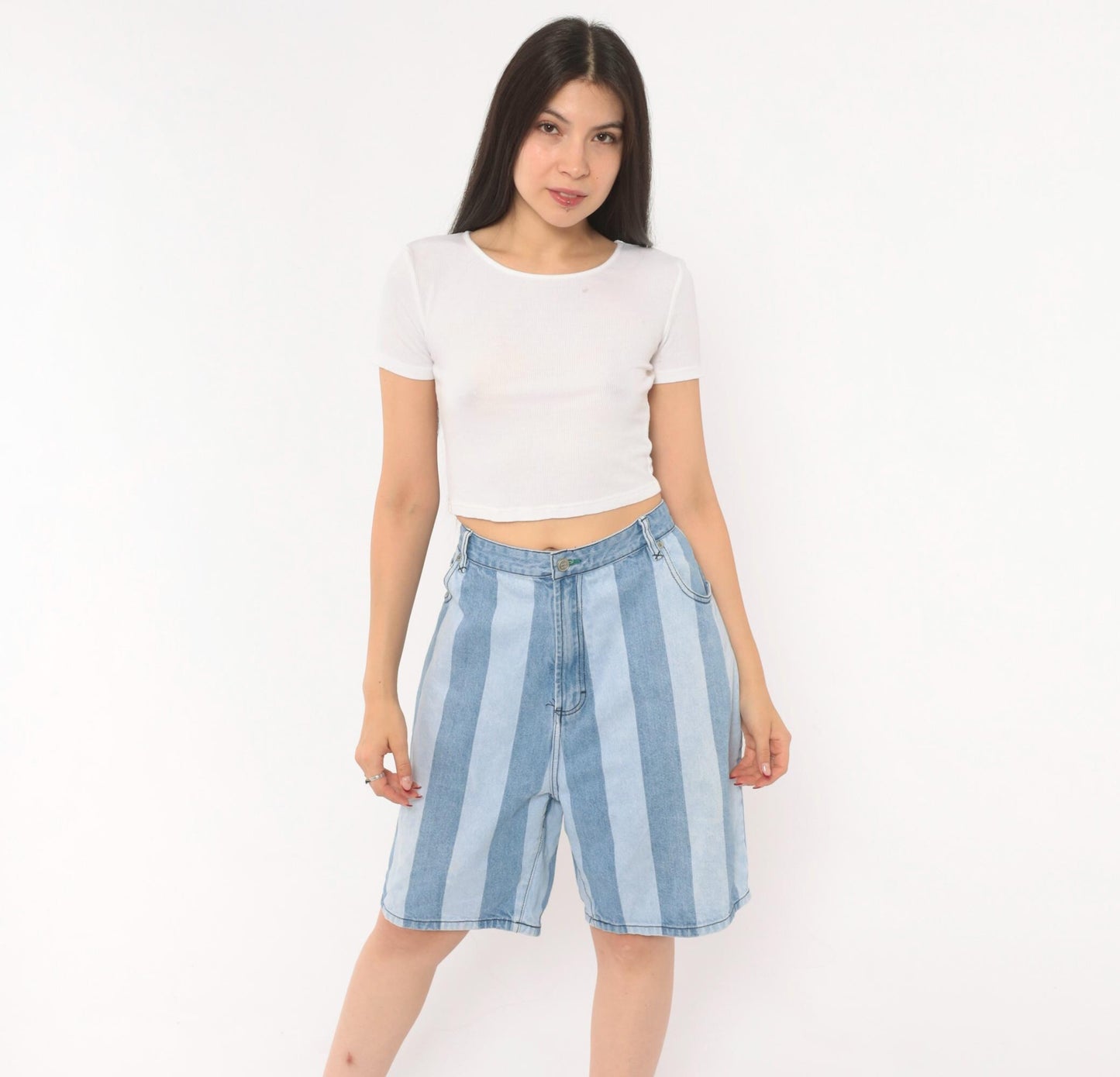00s Tommy Hilfiger Striped Denim Bermuda Shorts Light Blue High Rise Large L