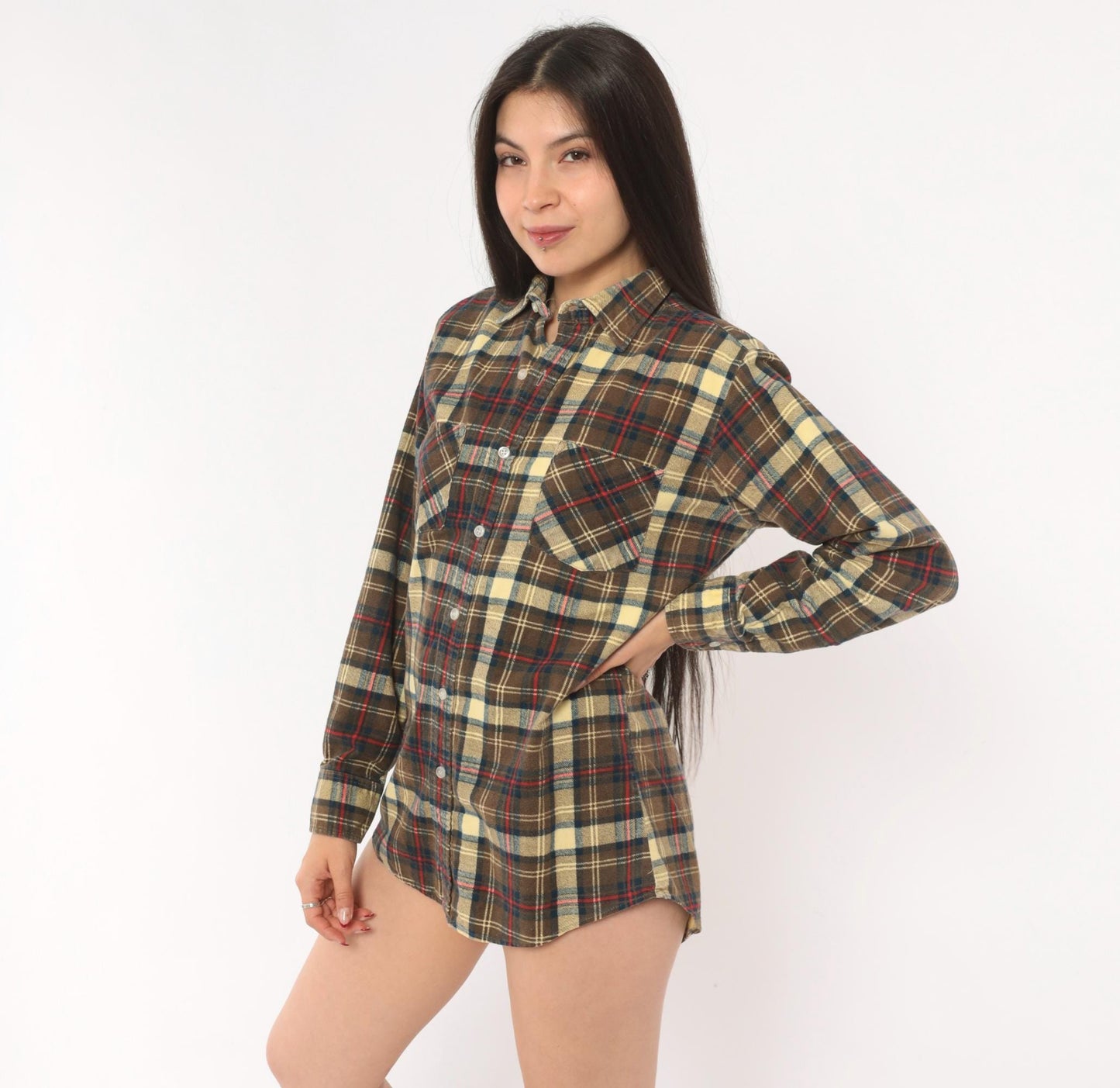 90s Chandler Plaid Flannel Shirt Brown Tan Red Navy Cotton Small S
