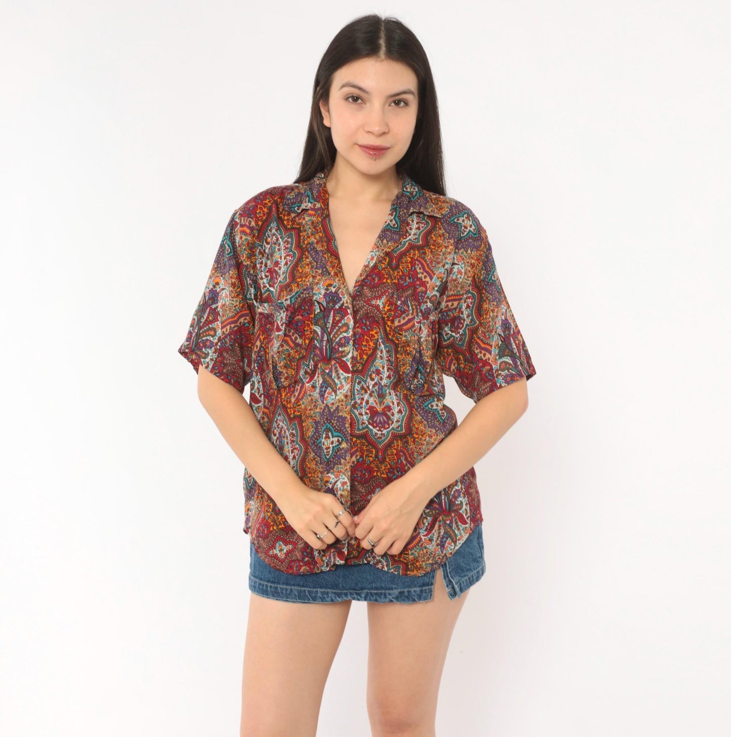 90s Outback Red Paisley Button Front Shirt Camp Collar Purple Medium M