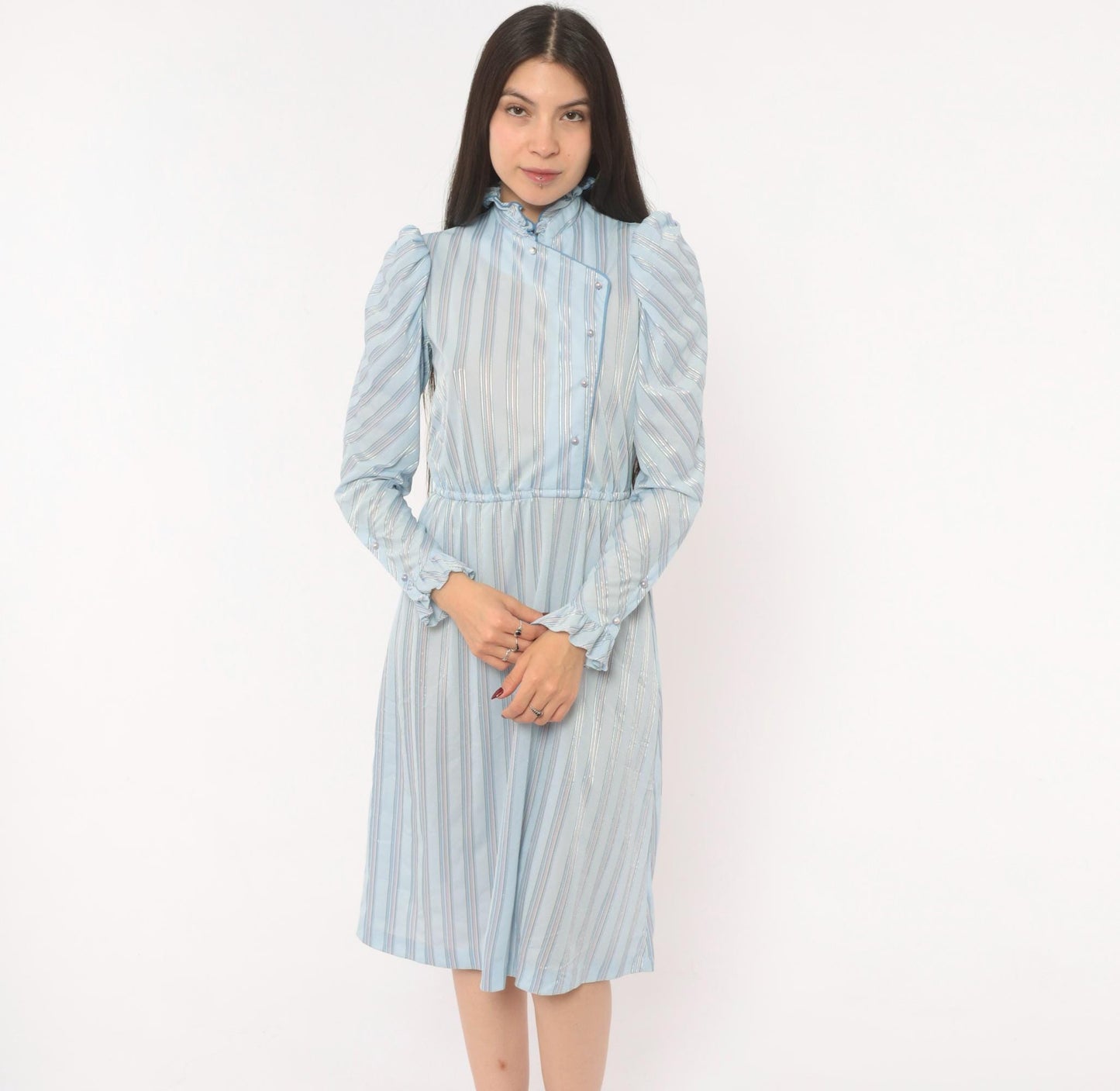 80s Jerri Gee Striped Puff Sleeve Dress Pearl Buttons Ruffled Collar Sky Blue Small