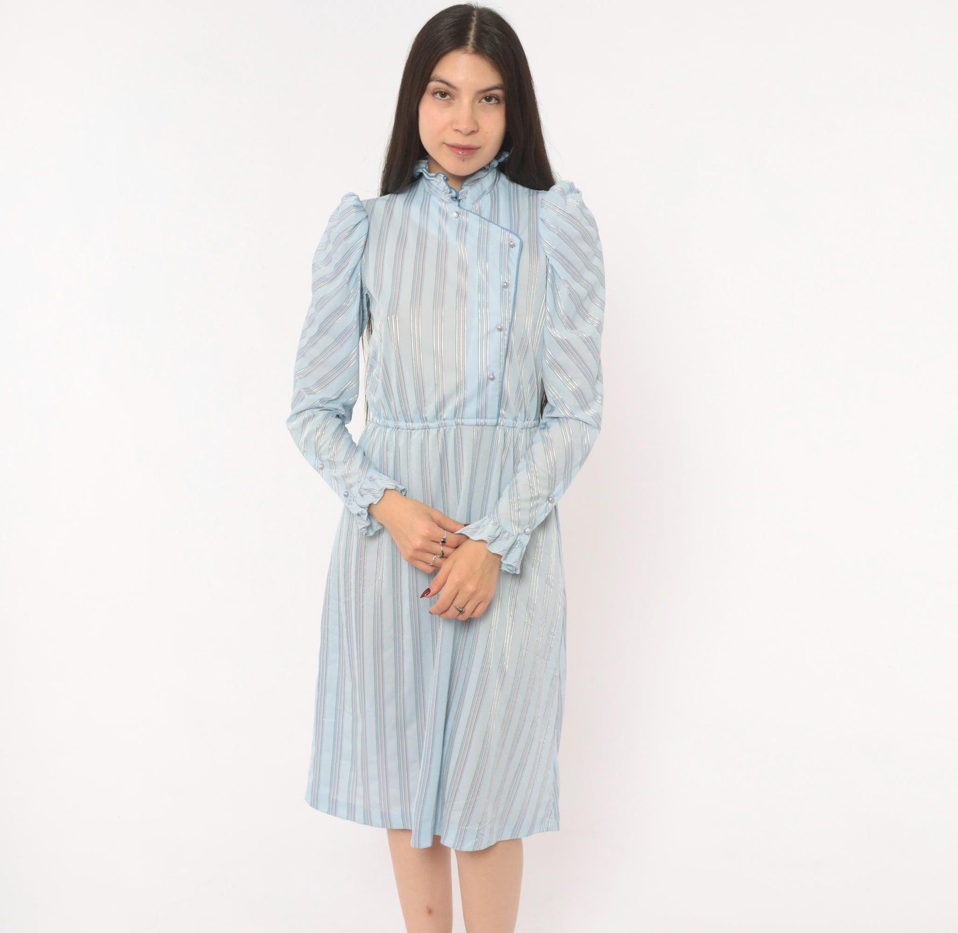 80s Jerri Gee Striped Puff Sleeve Dress Pearl Buttons Ruffled Collar Sky Blue Small