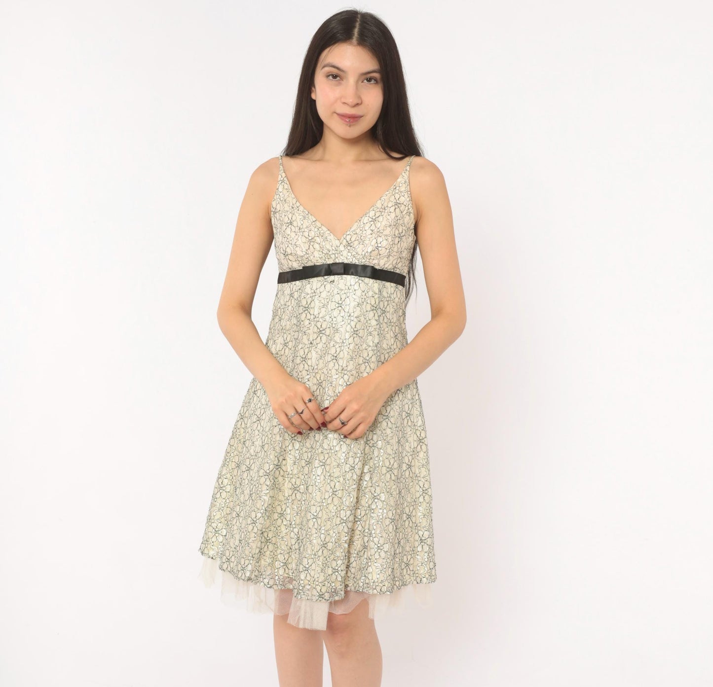 Y2K Intrigue Lace Floral Sundress Cream Black Satin Ribbon Empire Waist Extra Small XS