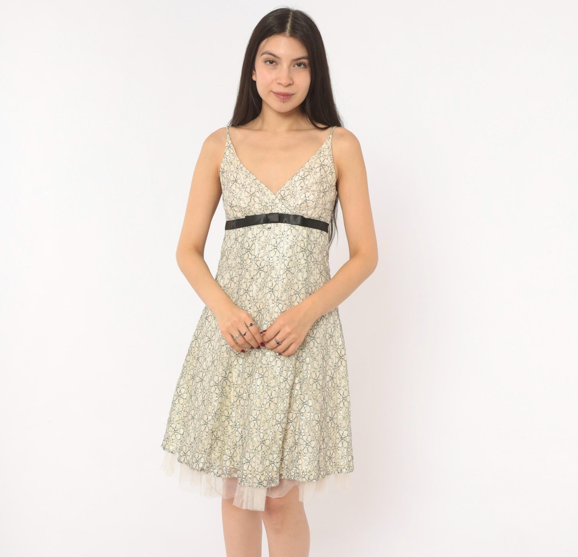 Y2K Intrigue Lace Floral Sundress Cream Black Satin Ribbon Empire Waist Extra Small XS
