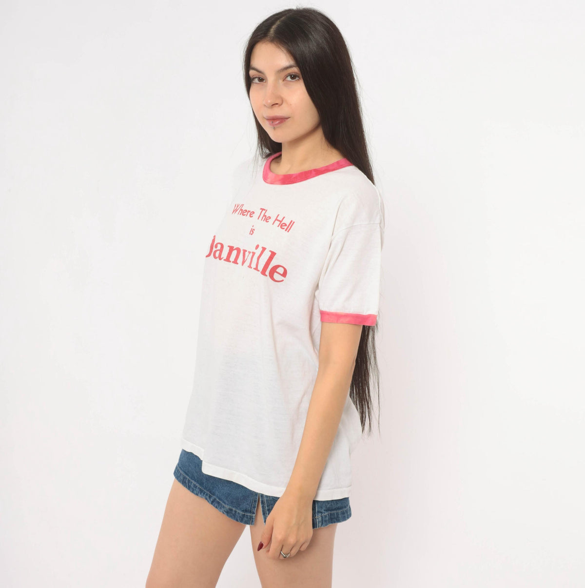 80s Where The Hell Is Danville Ringer Tee White Pink Cotton Graphic Medium