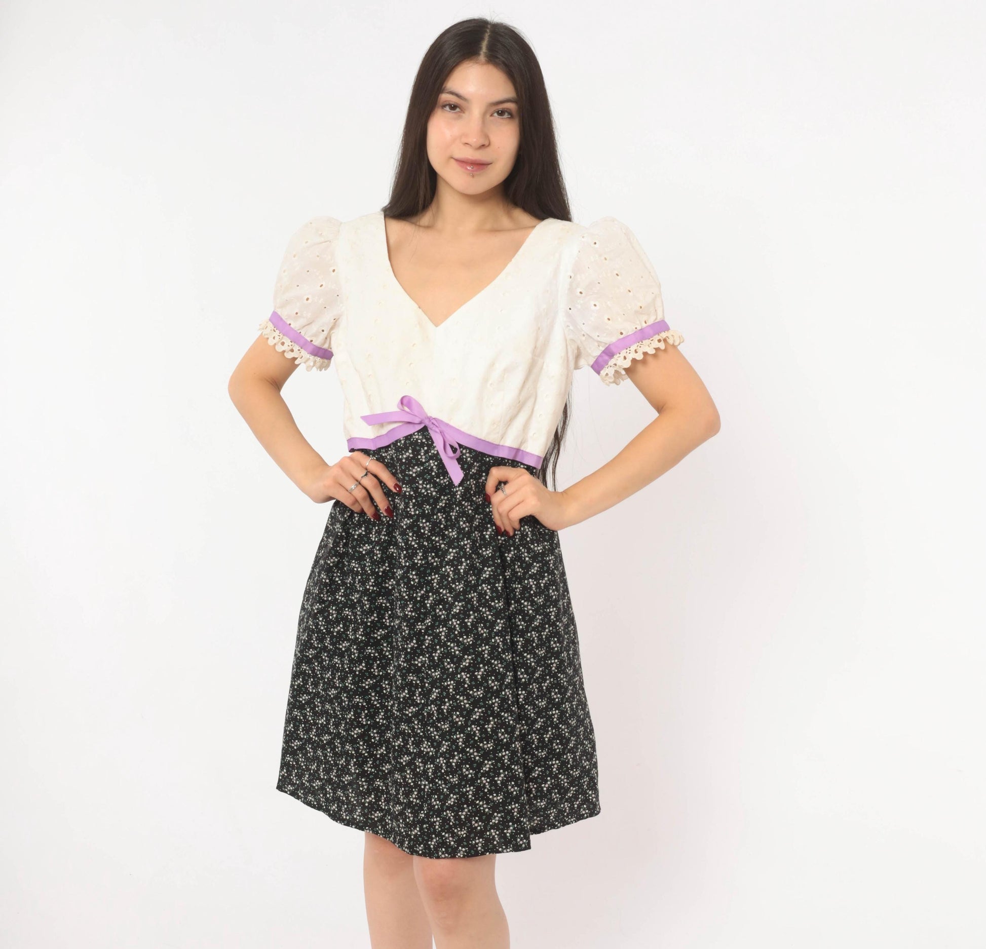 70s Princess Kaiulani Empire Waist Dress Eyelet Puff Sleeve Black Floral Medium M