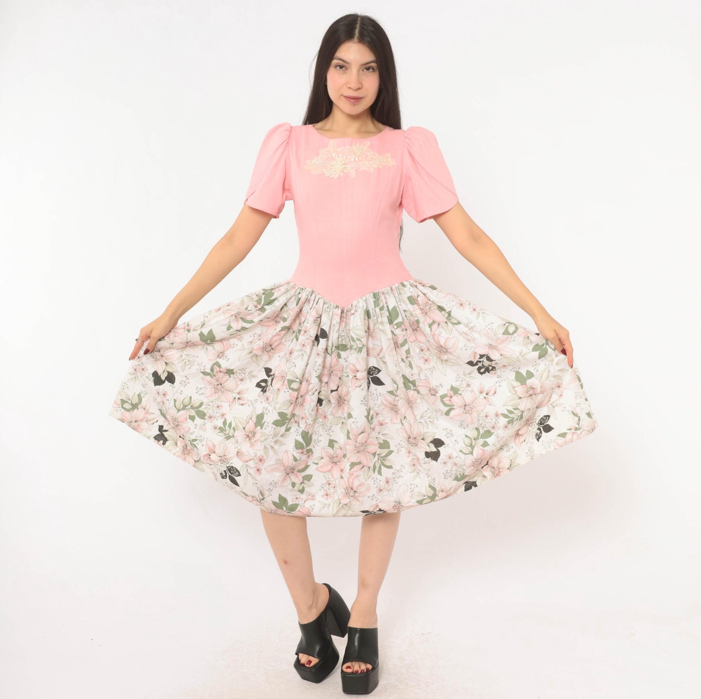 80s Pink Floral Puff Sleeve Dress Bow Back Drop Waist Cotton Small