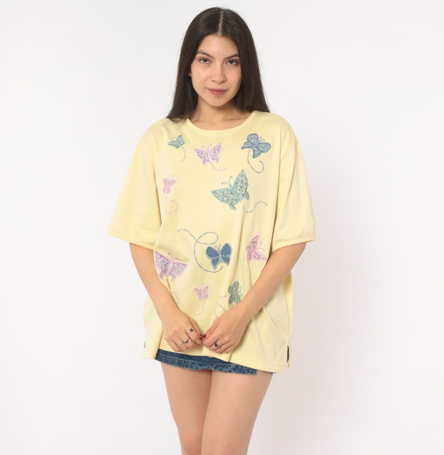 90s Bonworth Butterfly Applique Top Yellow Cotton Crew Neck Extra Large XL