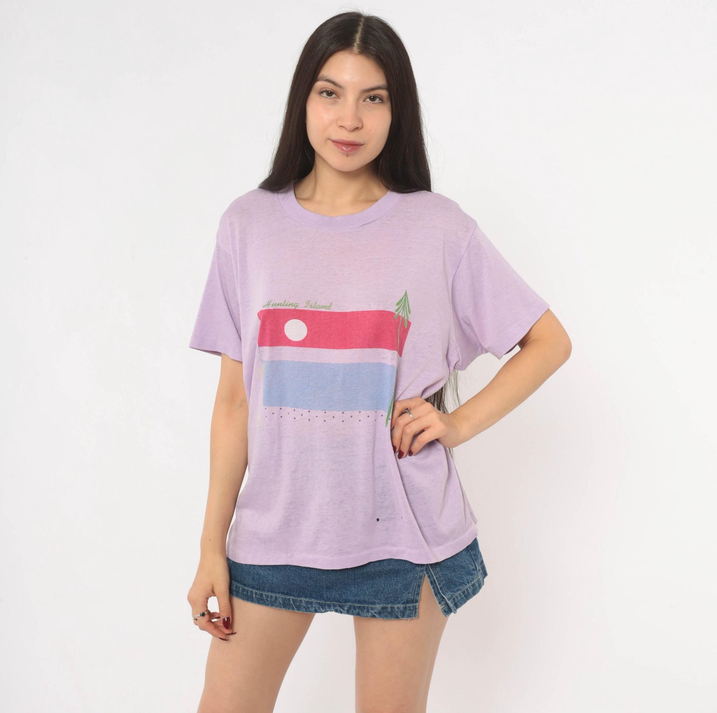 80s Hunting Island Graphic Tee Lilac Purple Sunset Beach Cotton Extra Large XL
