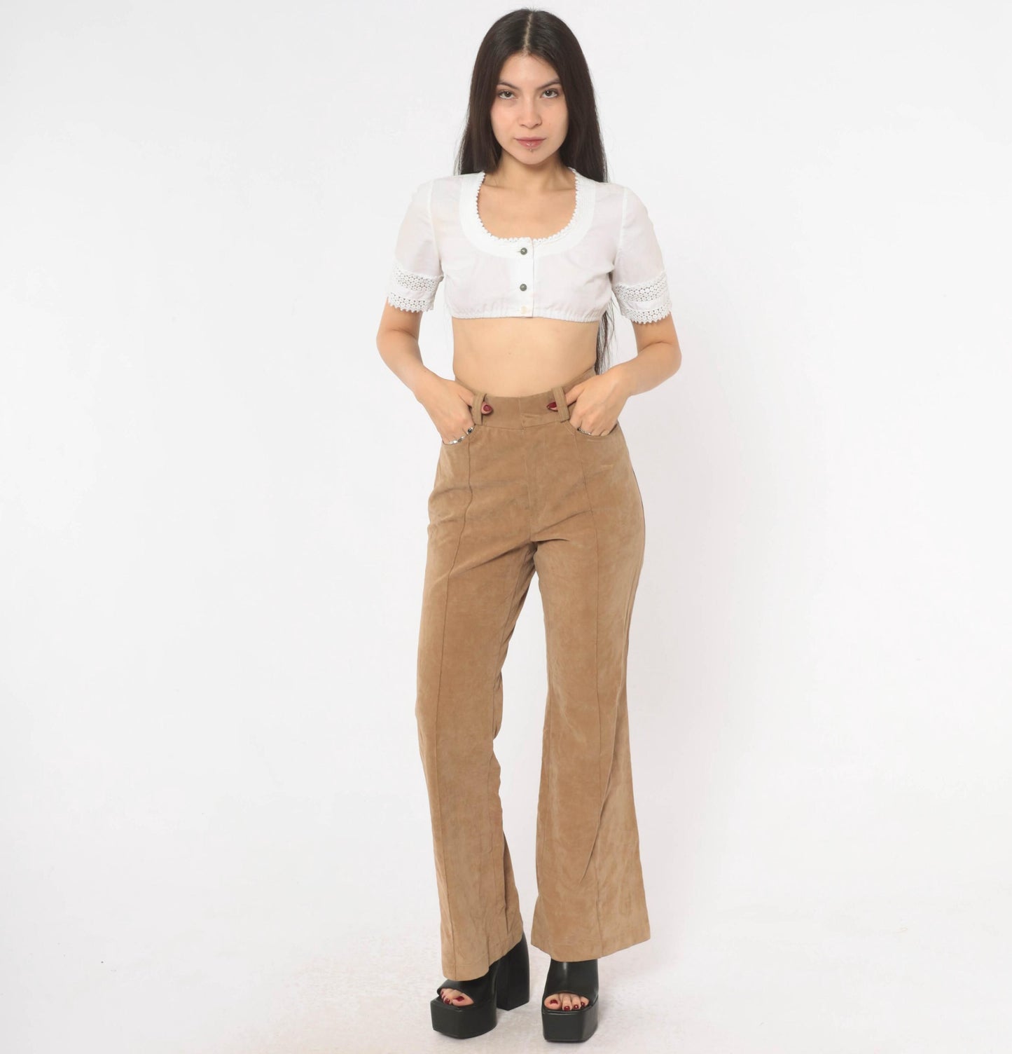 80s Lew Magram Faux Suede Flare Pants Tan High Waist Bell Bottom Small S