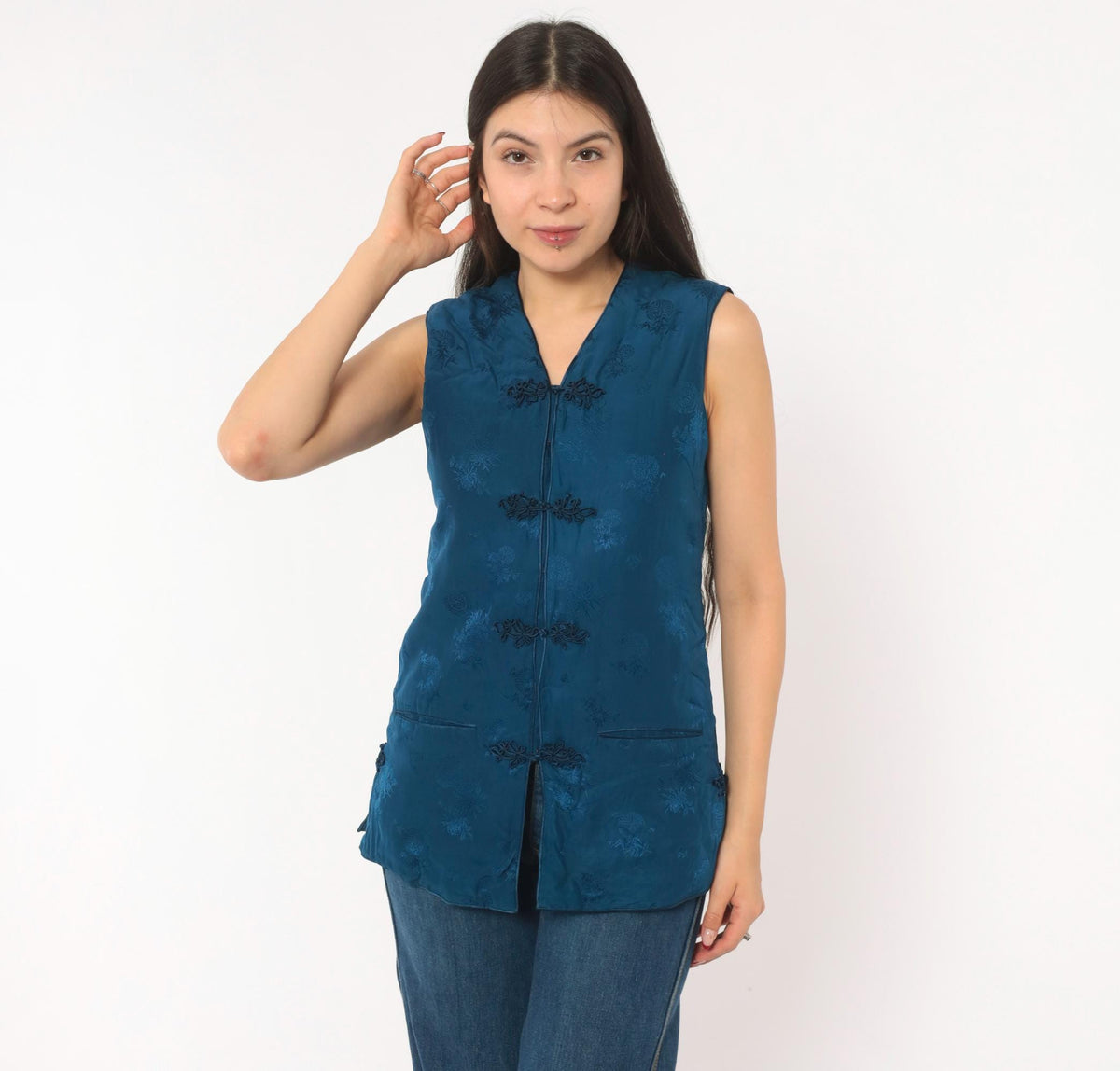 80s Teal Silk Cheongsam Vest Mandarin Frog Closure Floral Small