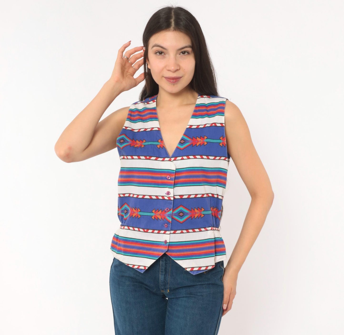 90s Tillman Southwestern Cotton Vest Purple White Geometric Tribal Medium M