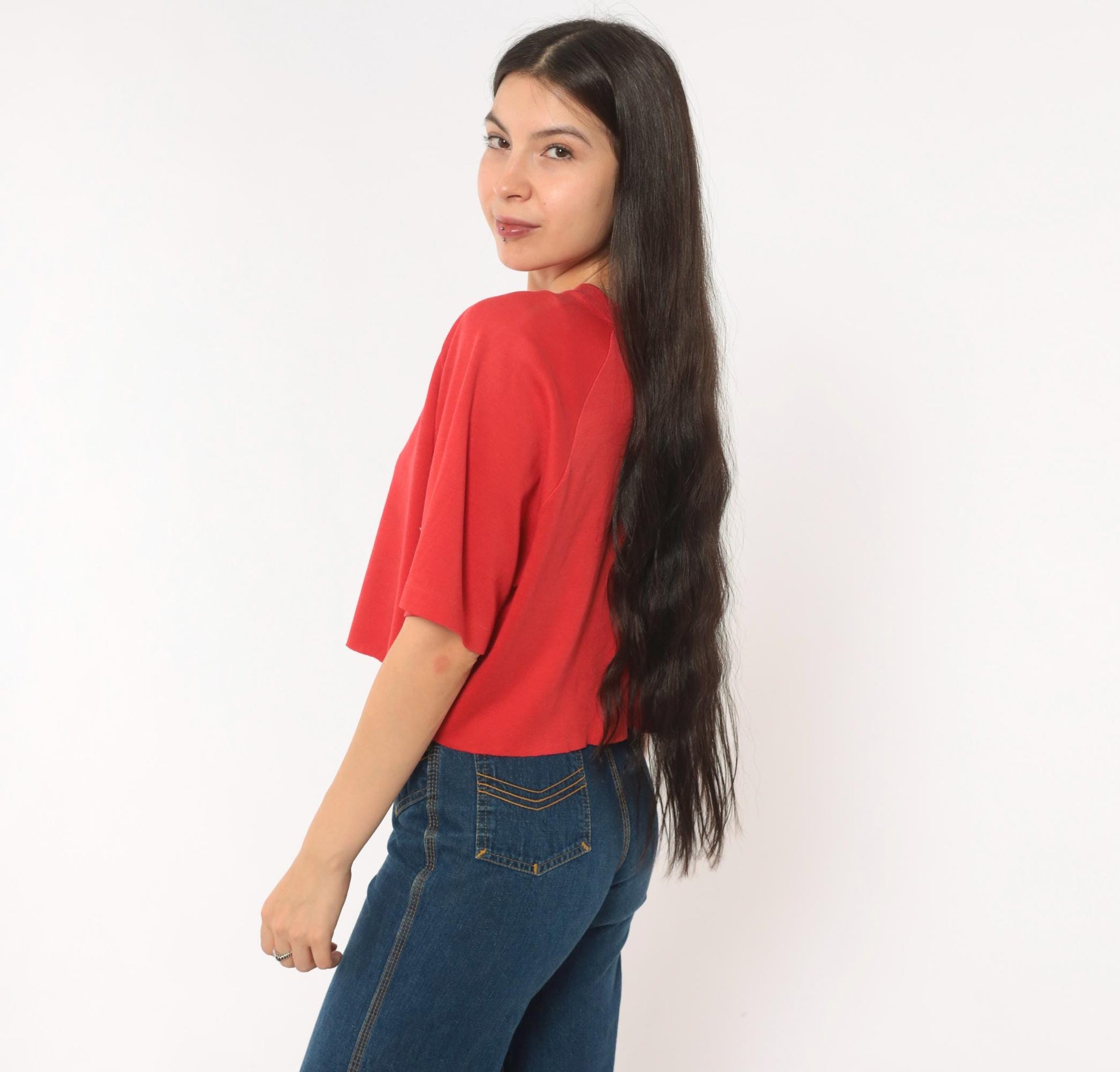 80s Hang Ten Red Cropped Raglan Tee Embroidered Logo Cotton Large L