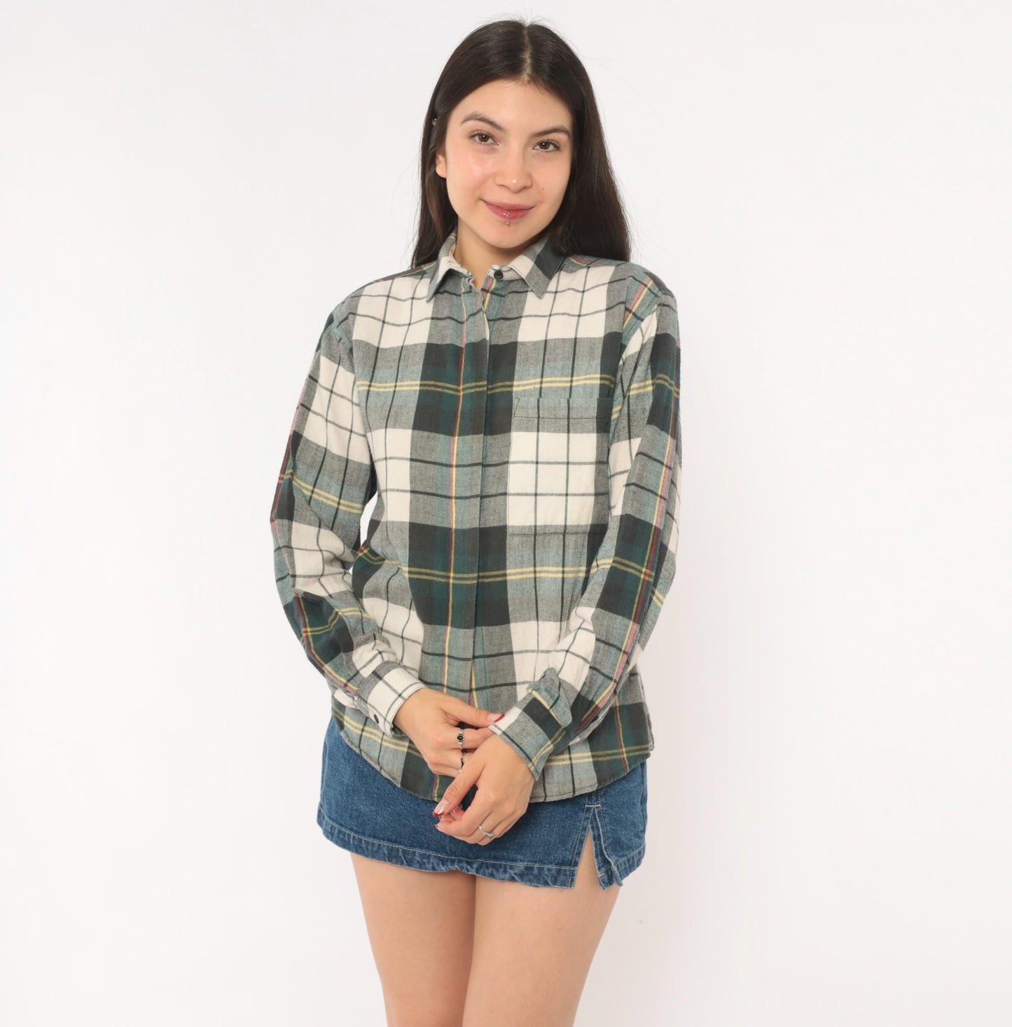 90s Diane Von Furstenberg Plaid Flannel Shirt Grey Green Cream Tartan Blouse