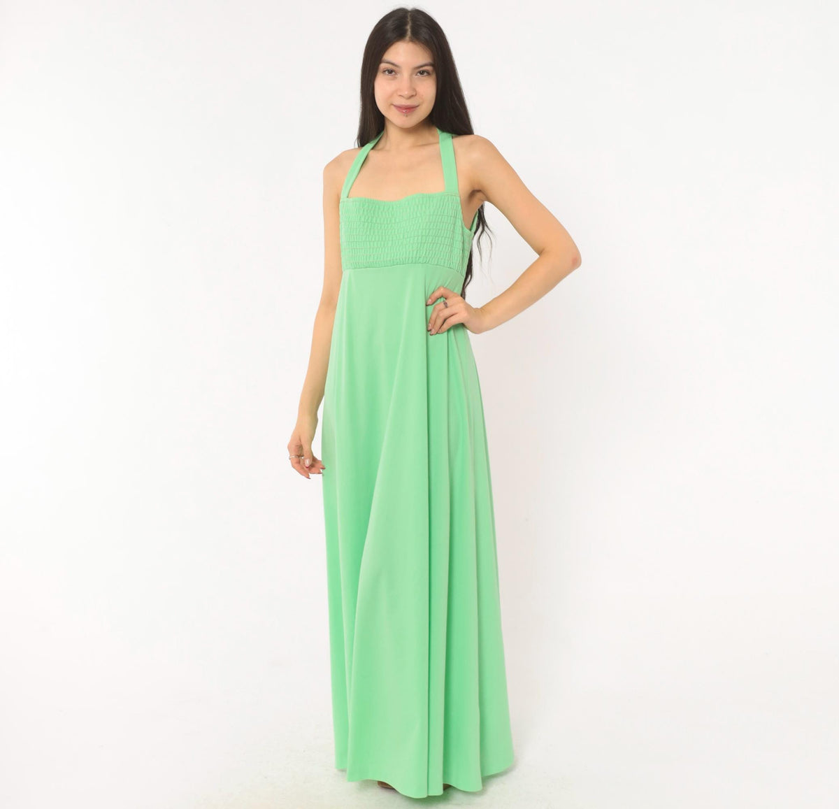 70s Mint Green Halter Maxi Dress Empire Waist Smocked Bodice Open Back Medium