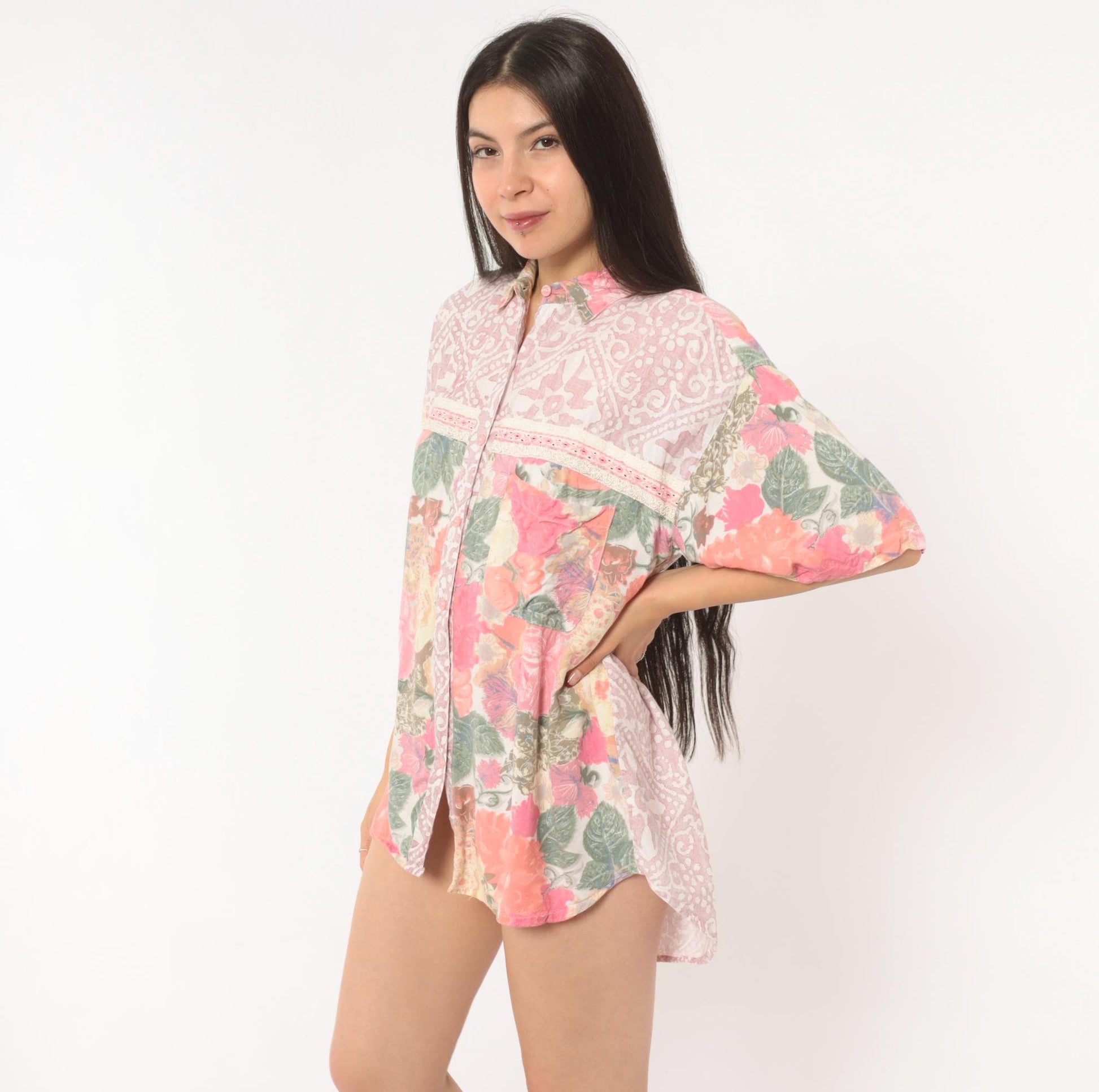 90s Hg Ny Floral Button Up Blouse Pink Cream Lace Trim Large L