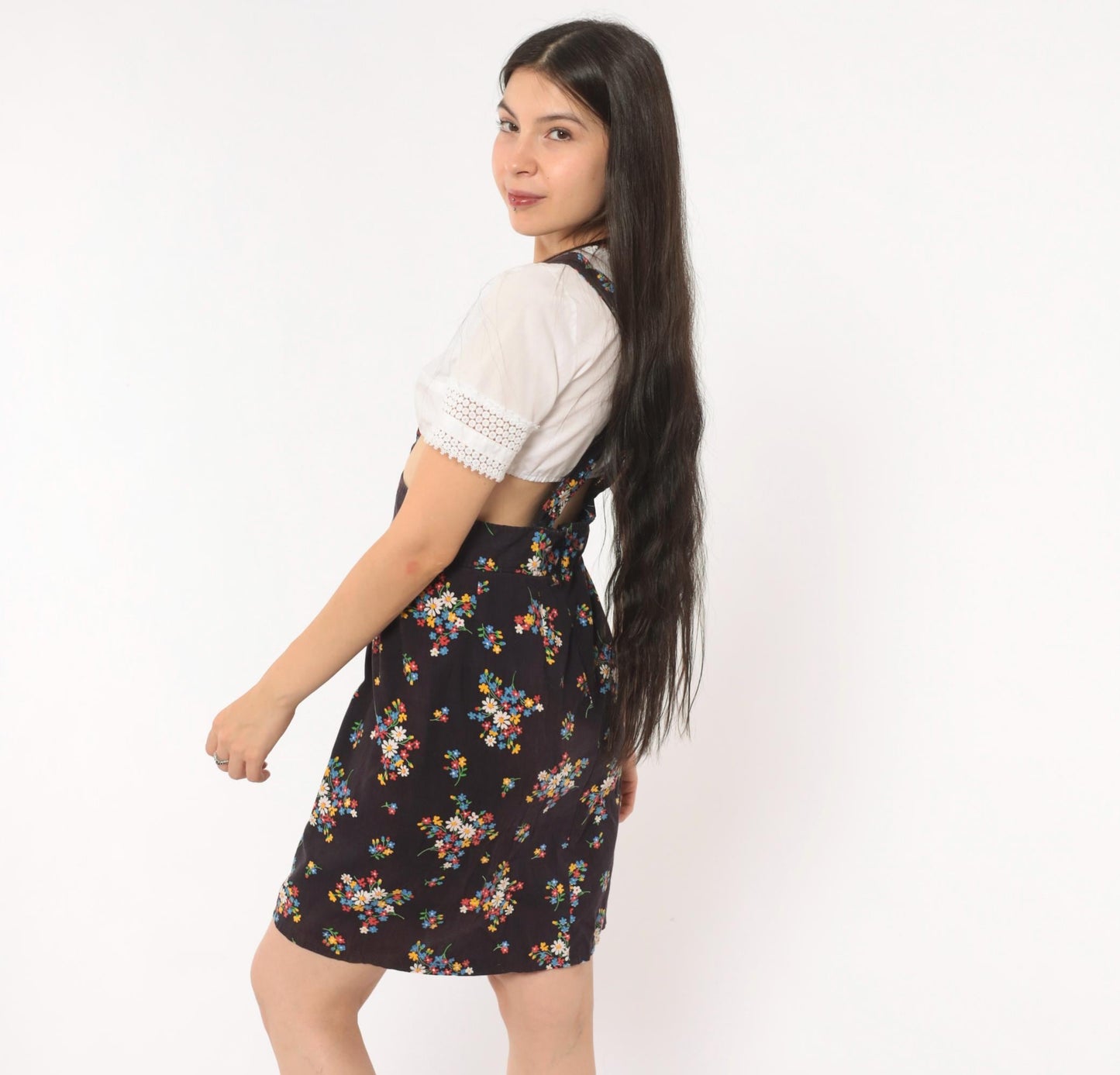70s Black Floral Suspender Mini Dress Cotton Wildflower Print Small S
