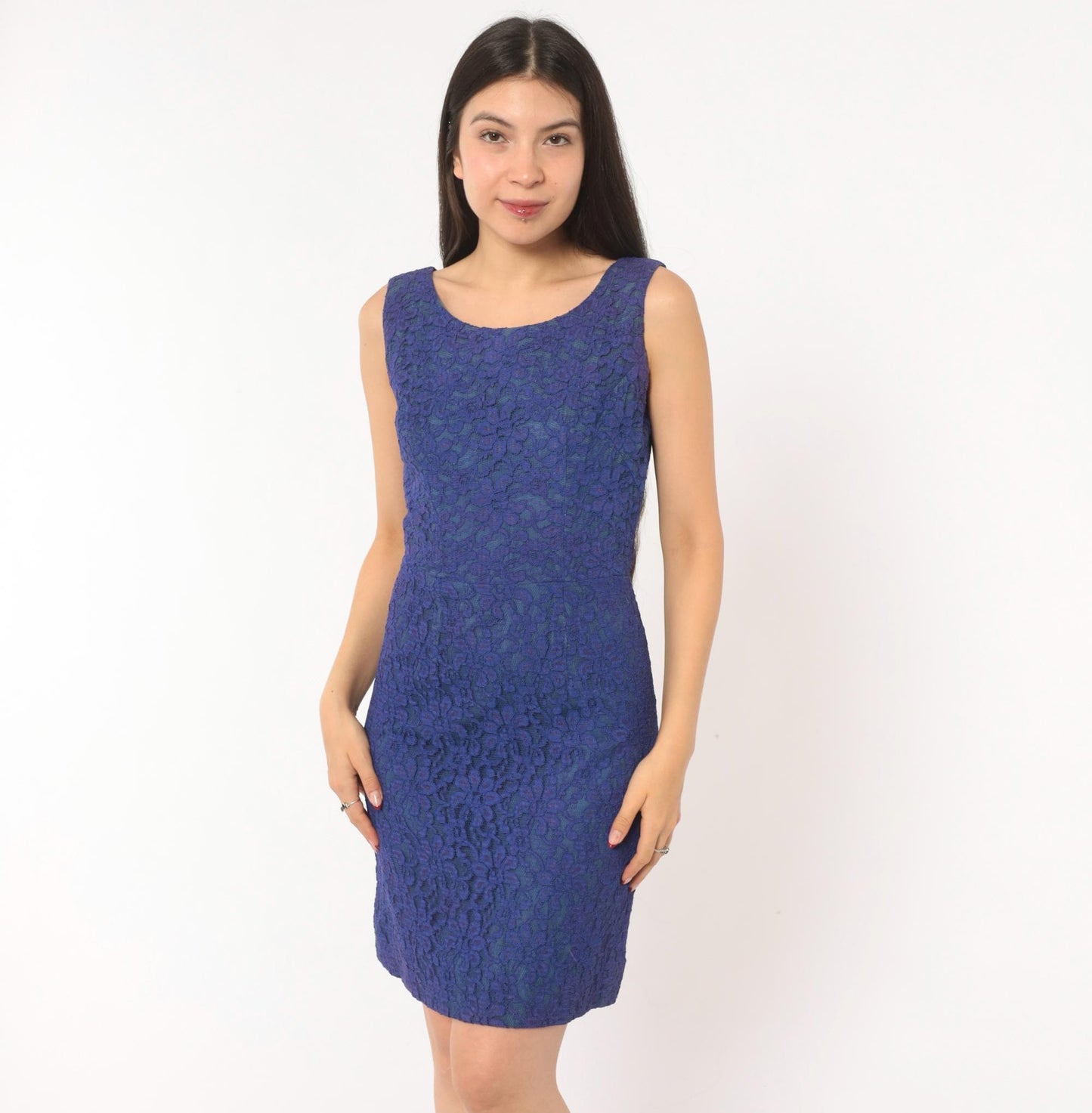 60s Cobalt Lace Sheath Dress Sleeveless Knee-Length Mod Floral Small