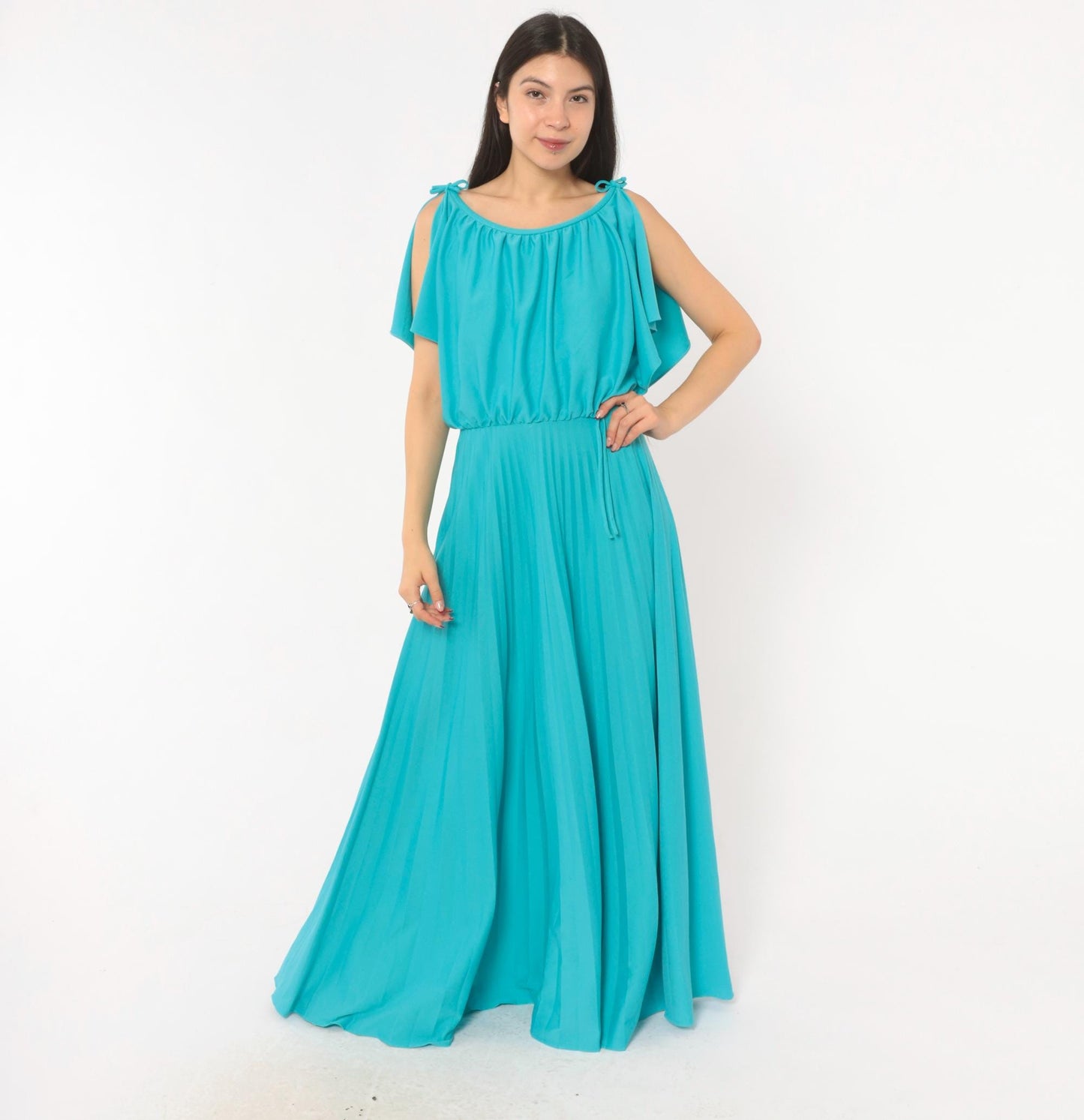 70s Turquoise Maxi Dress Cold Shoulder Flutter Sleeve Blouson Bodice Medium