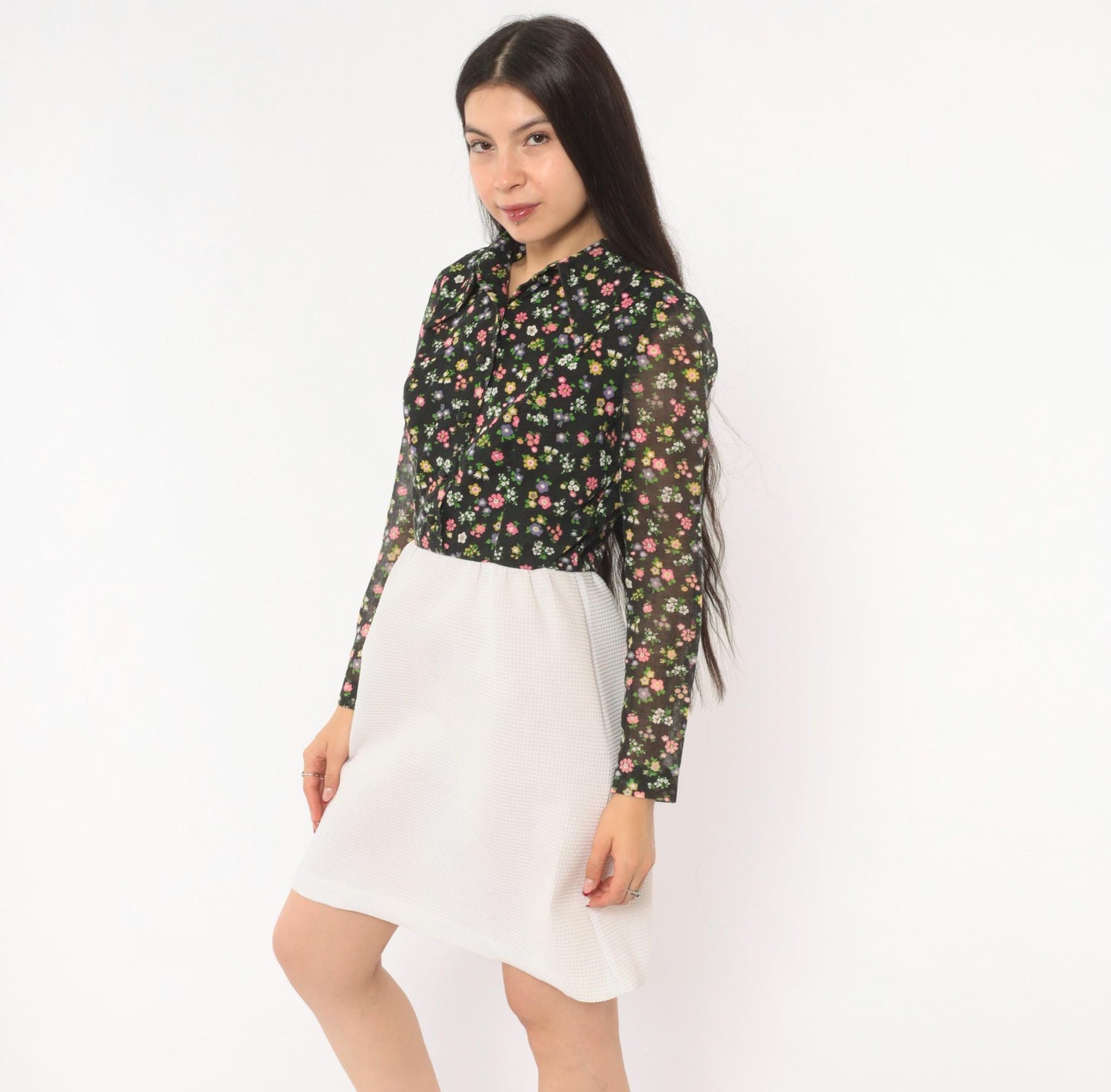 70s Black Floral Two-Tone Shirt Dress White A-Line Knee-Length Small S