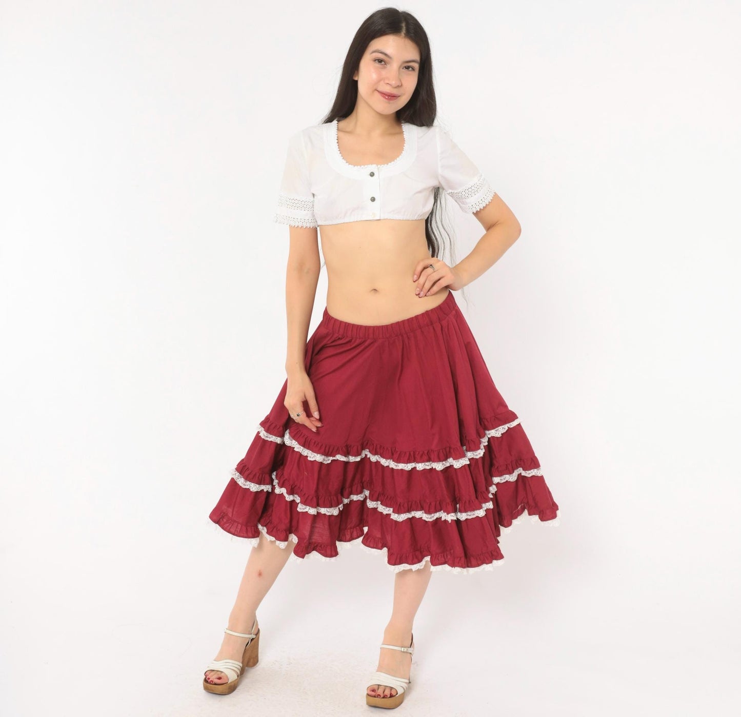 80s Burgundy Tiered Prairie Skirt Cotton Lace Trim Full Circle Medium Large