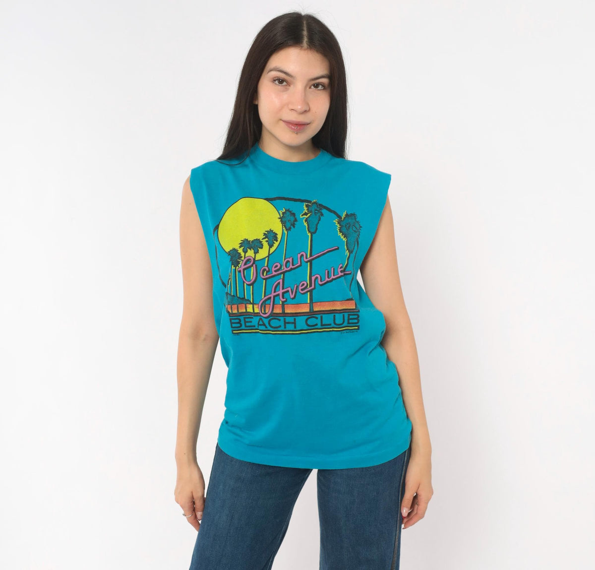 80s Chemise D'Sol Ocean Avenue Beach Club Teal Graphic Tee Palm Tree Sunset Small