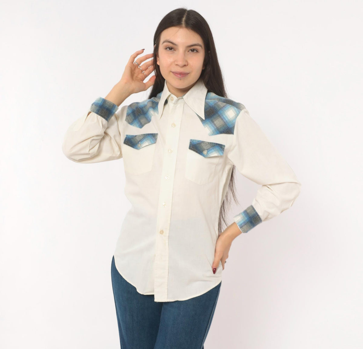80s Kennington Western Yoke Shirt Blue Plaid Cotton Button-Up Small