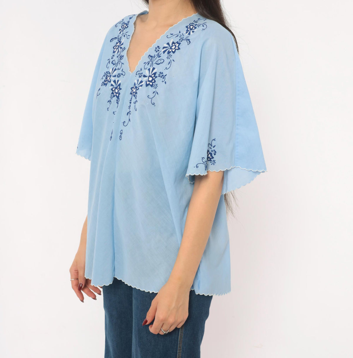 80s Sky Blue Cotton Peasant Blouse Embroidered Floral V Neck Flutter Sleeve Medium Large