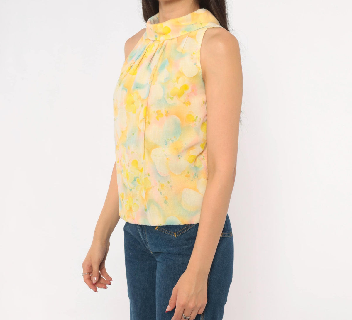 70s Watercolor Floral Sleeveless Blouse Yellow Pink Blue Cotton Mock Neck Extra Small