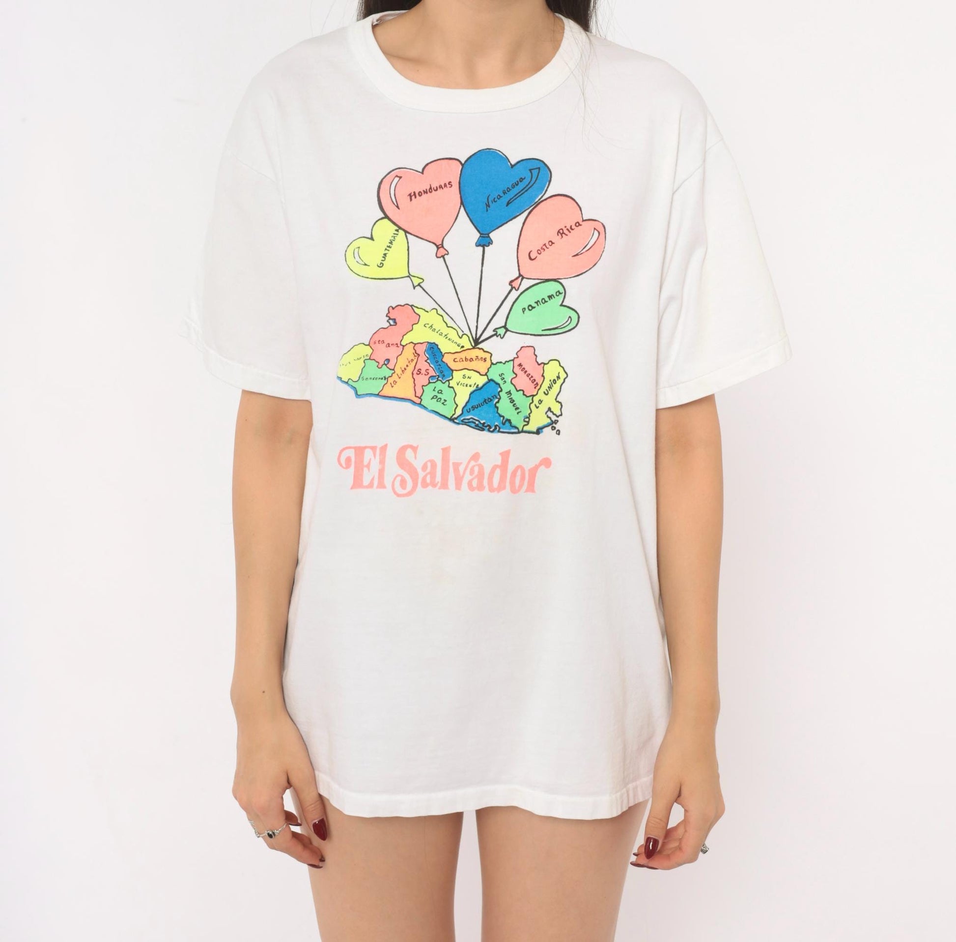 2000s El Salvador Map Heart Balloon Graphic White Cotton Tee Large L