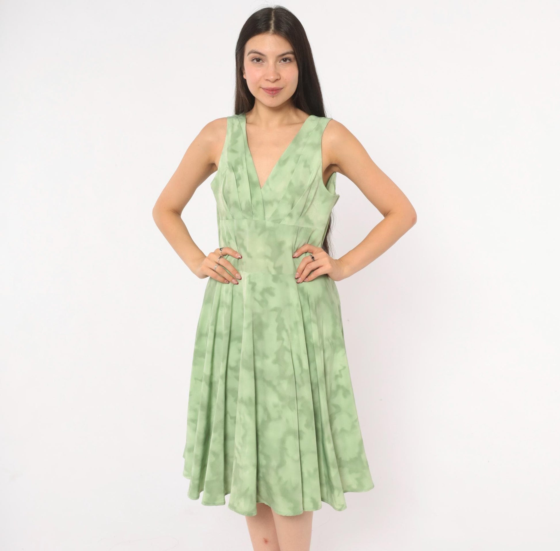 80s Sage Mint Tie Dye Sleeveless V-Neck Dress Pleated Knee Length Large