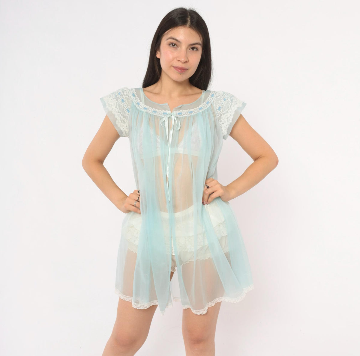 70s Baby Blue Sheer Peignoir Robe Lace Trim Cap Sleeve Nightgown Small