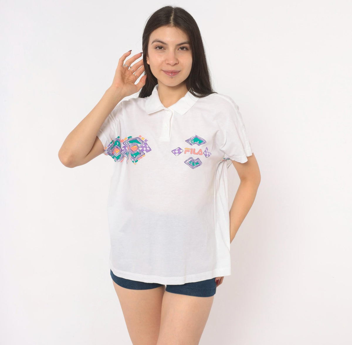 80s Fila Geometric Polo White Cotton Diamond Pattern Large