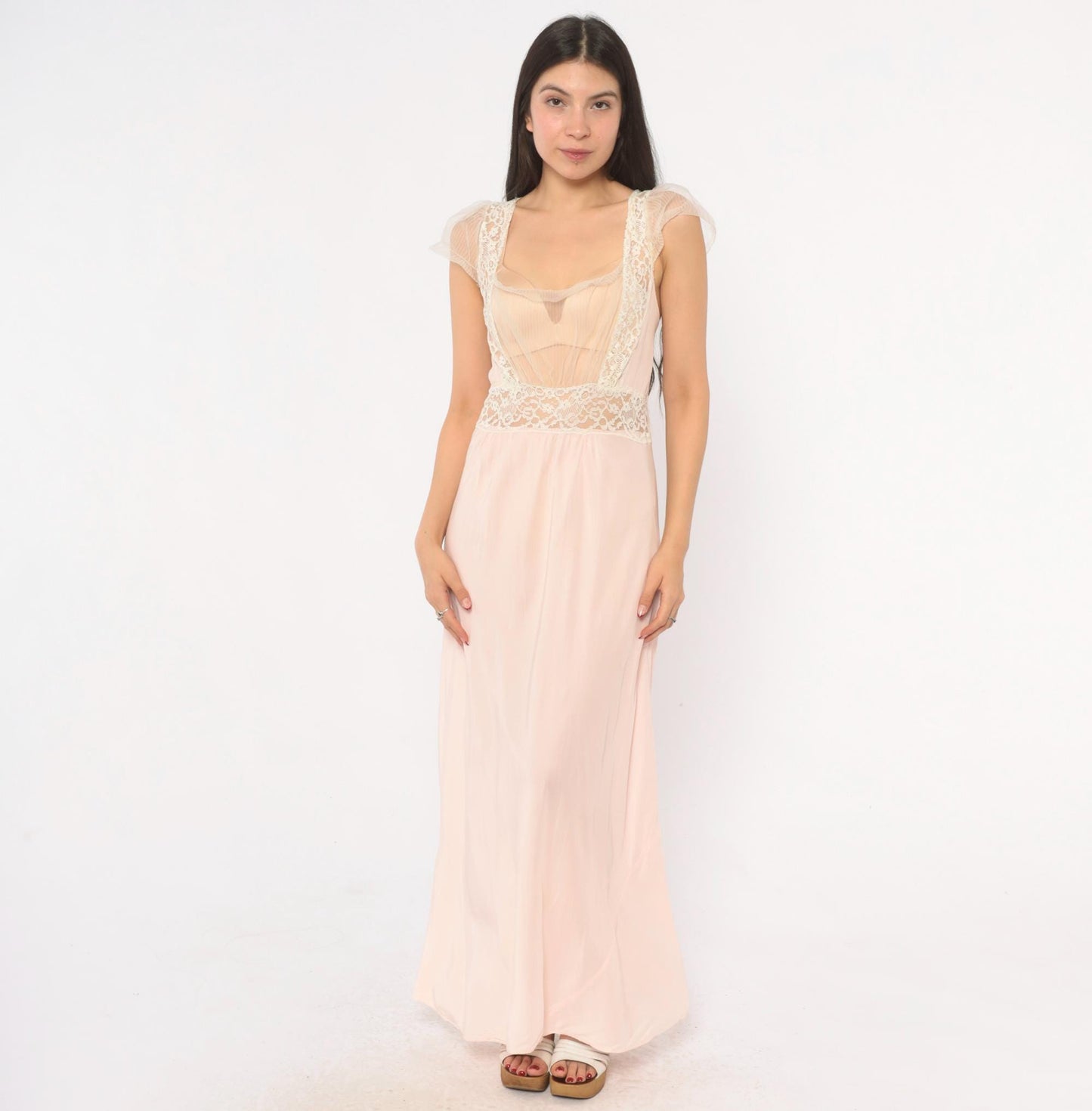 1950s Blush Pink Nylon Nightgown Maxi Slip Lace Trim Cap Sleeve Large L