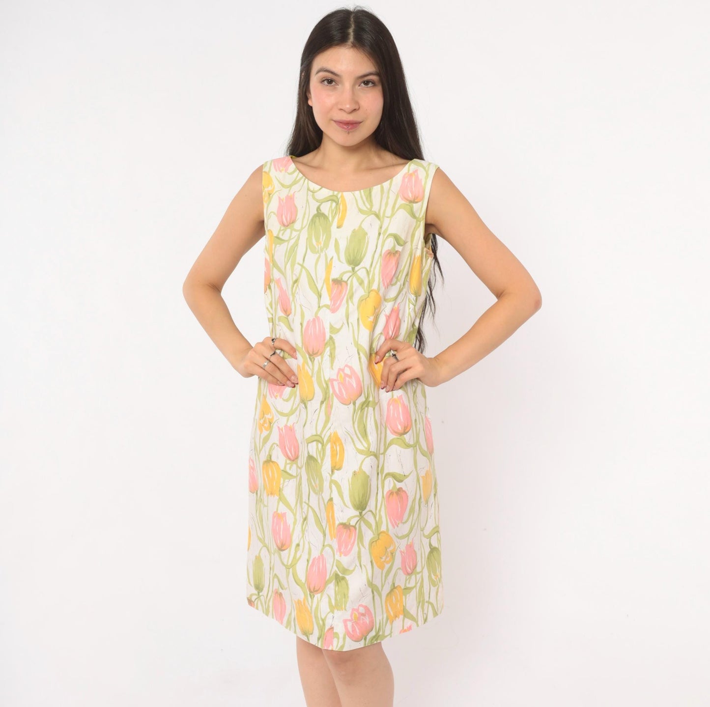 70s Tulip Print Shift Dress Sleeveless A-Line Scoop Neck Cotton Small