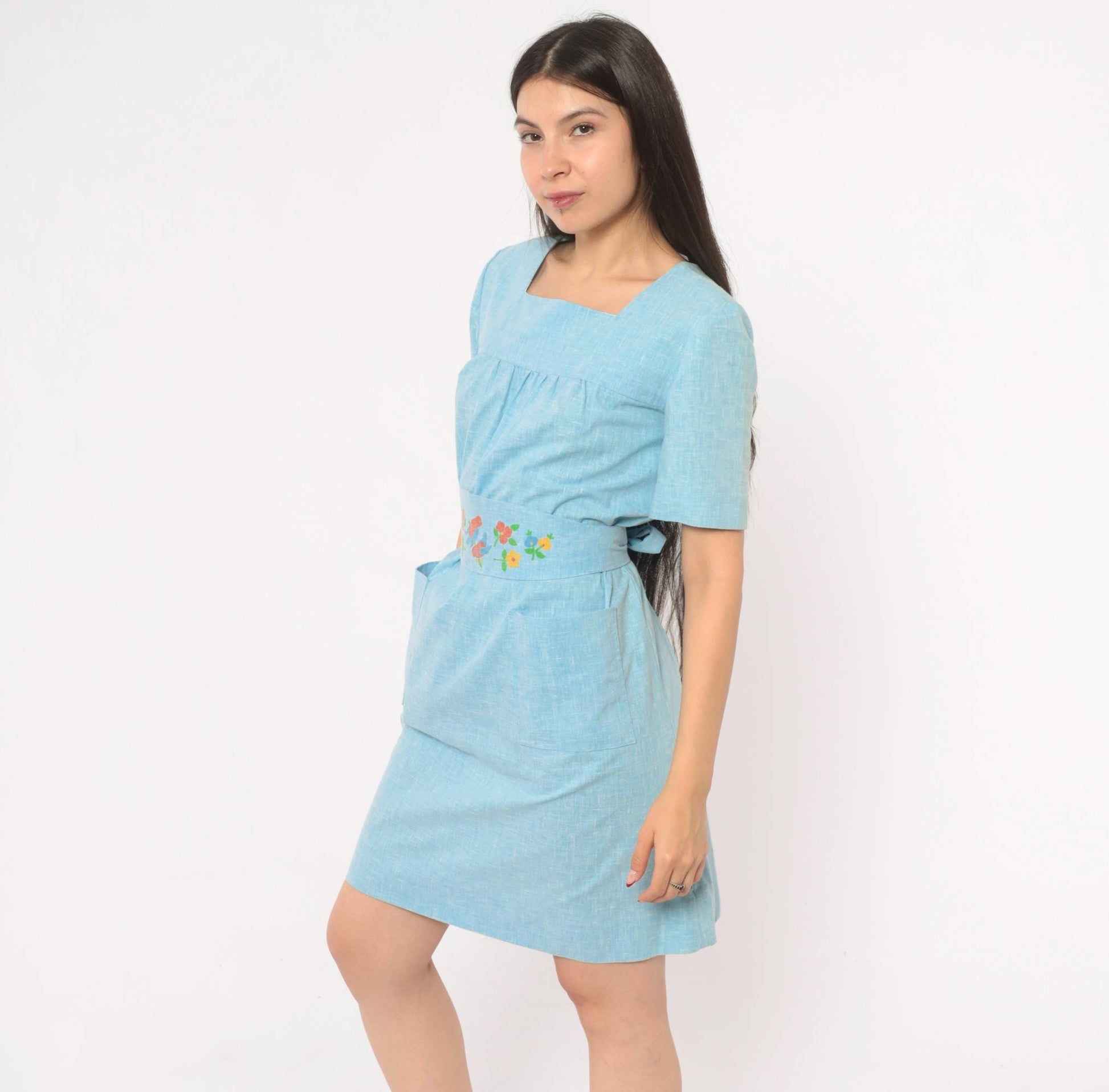 70s Sky Blue Cotton Dress Square Neck Puff Sleeve Bird Floral Print Small