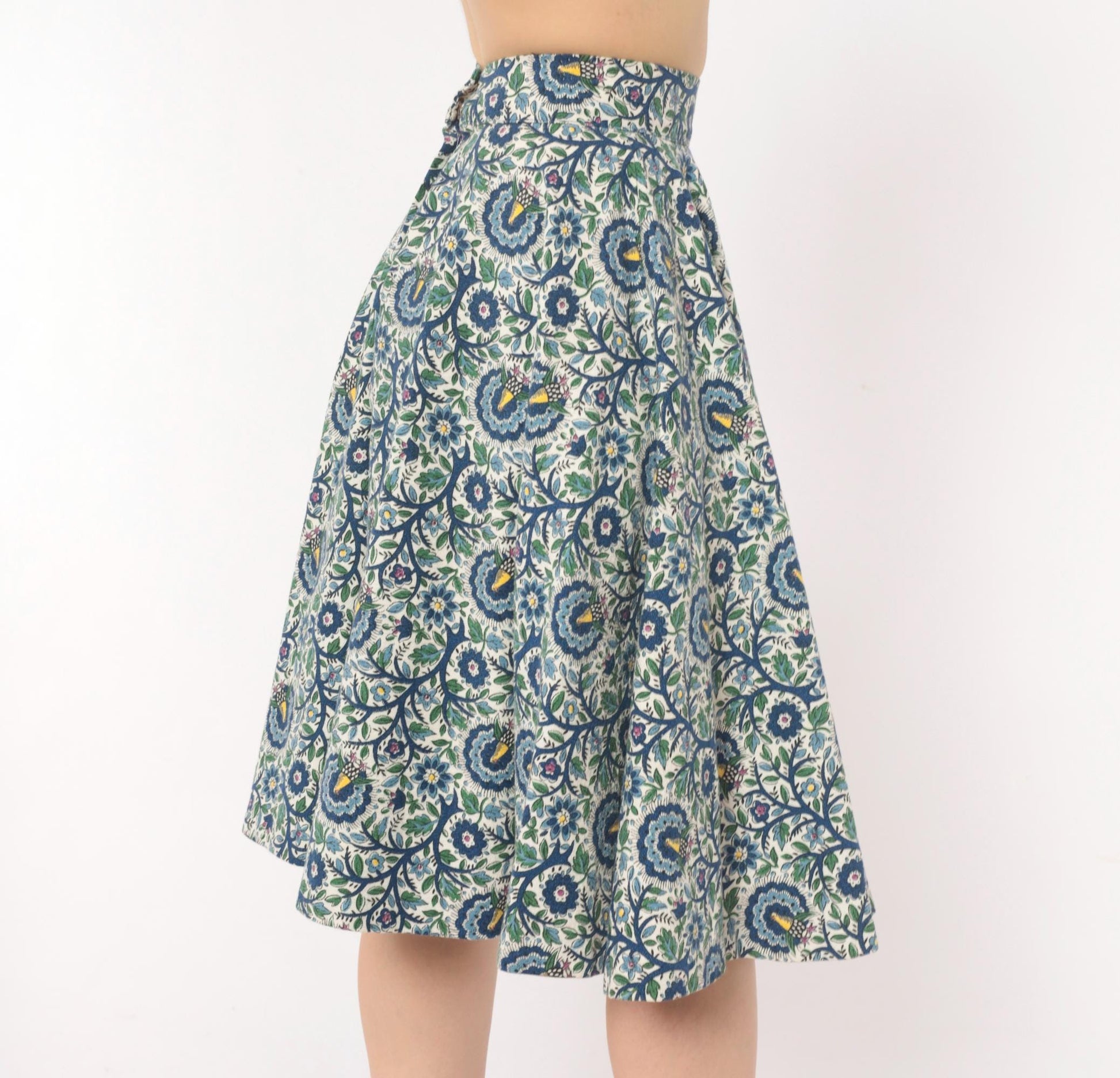 1950s Peacock Bird Circle Skirt Cotton Floral High Waist Blue Ivory Extra Small XS