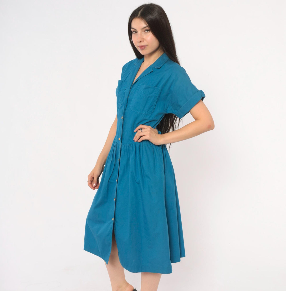 80s Sasson Teal Cotton Midi Shirtdress Gathered Waist Belt Extra Small XS