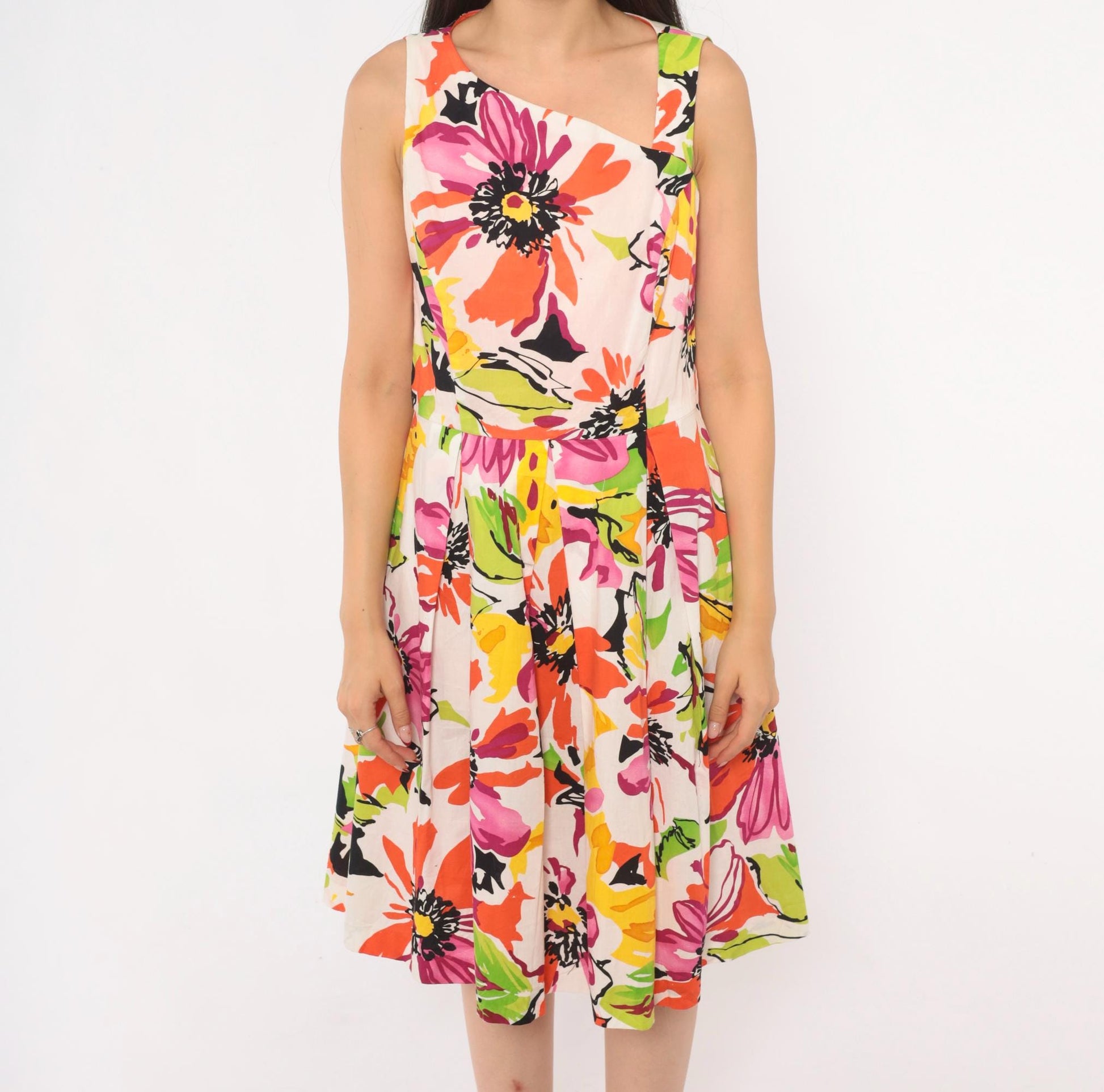 2000s R & K Originals Floral Sundress Asymmetric Neckline Pleated Knee-Length Medium M